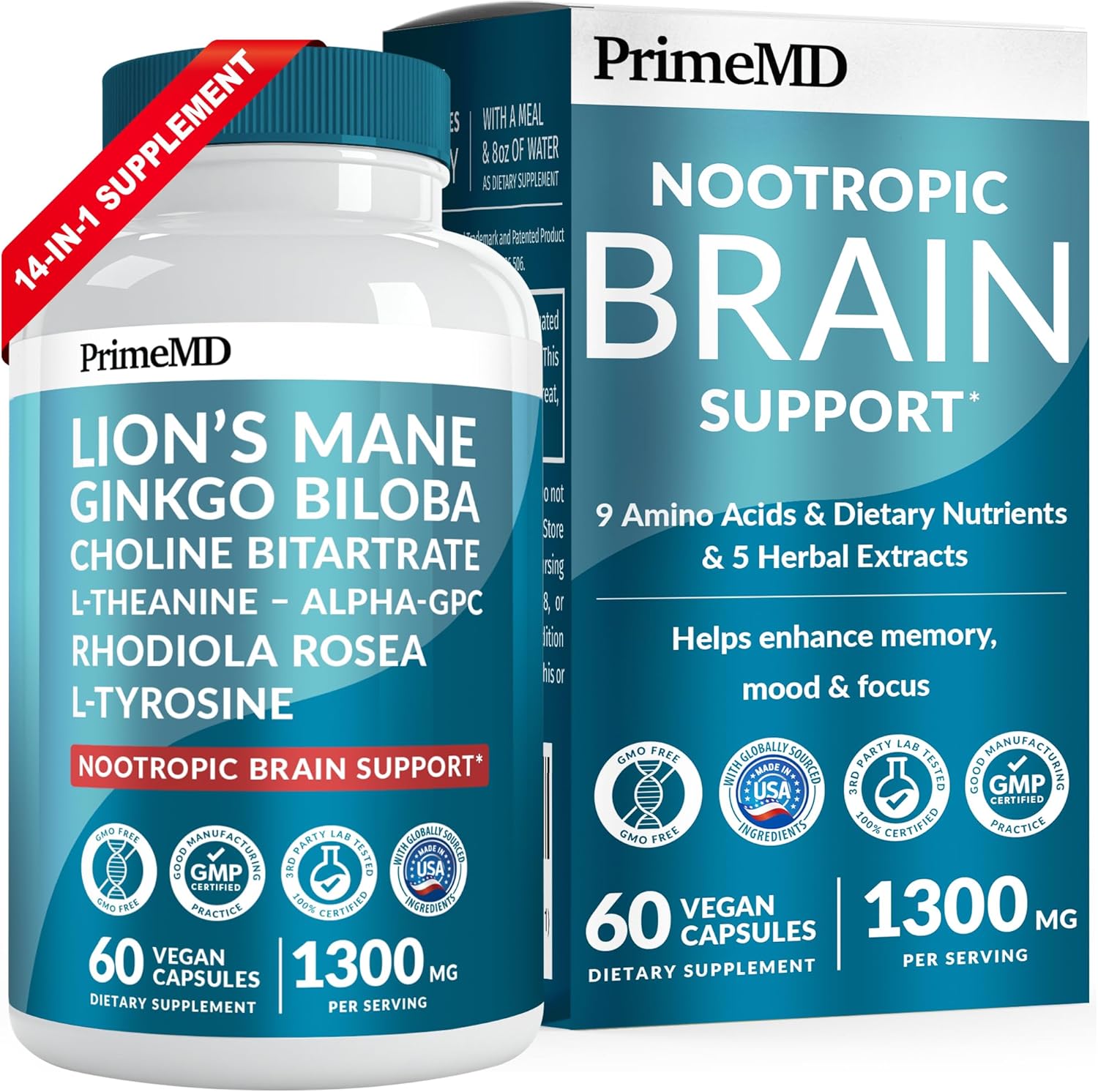 14-in-1 Lions Mane Supplement Capsules - Nootropic Brain Supplement with Ginkgo Biloba for Brain Support, Memory and Focus - Alpha GPC, L Theanine & Choline Supplements with 1300mg Per Serving - PrimeMD
