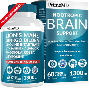 14-in-1 Lions Mane Supplement Capsules - Nootropic Brain Supplement with Ginkgo Biloba for Brain Support, Memory and Focus - Alpha GPC, L Theanine & Choline Supplements with 1300mg Per Serving - PrimeMD