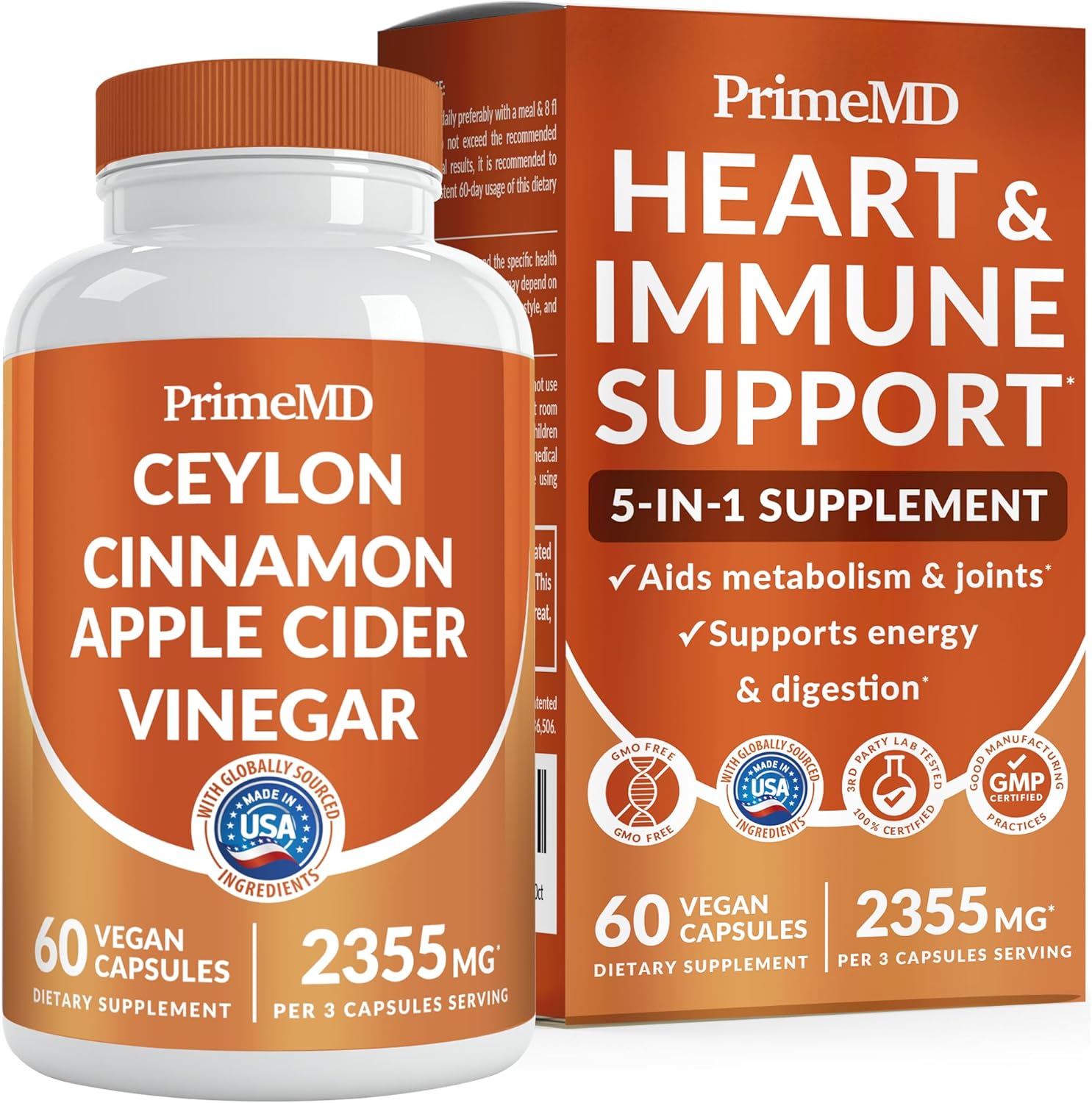 5-in-1 Ceylon Cinnamon Capsules 2355mg - Ceylon Cinnamon and Apple Cider Vinegar with Turmeric, Panax Ginseng, Cinnamon, and Bioperine - PrimeMD