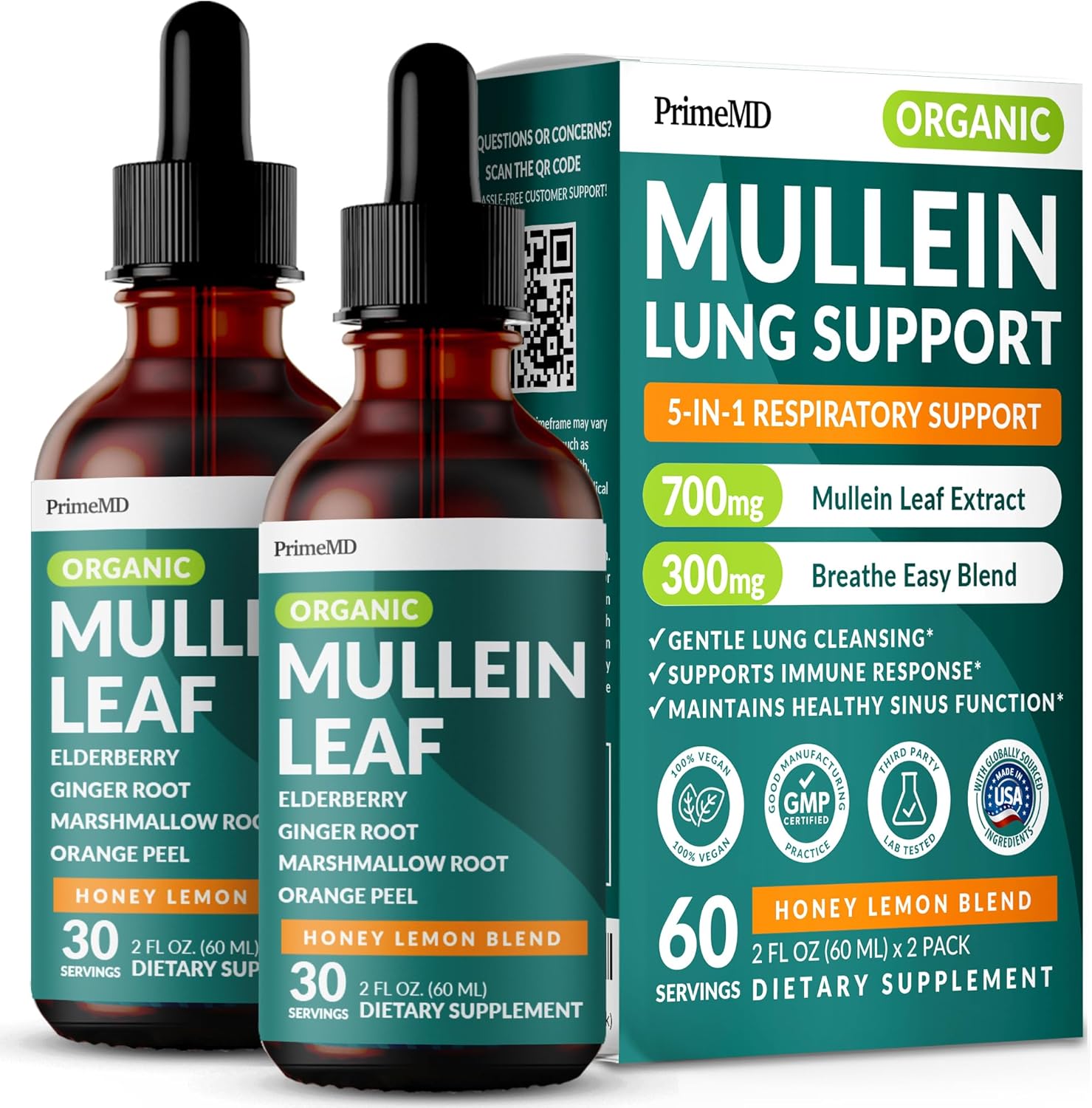 5-in-1 Mullein Drops for Bronchial and Respiratory Support- Honey Lemon - PrimeMD