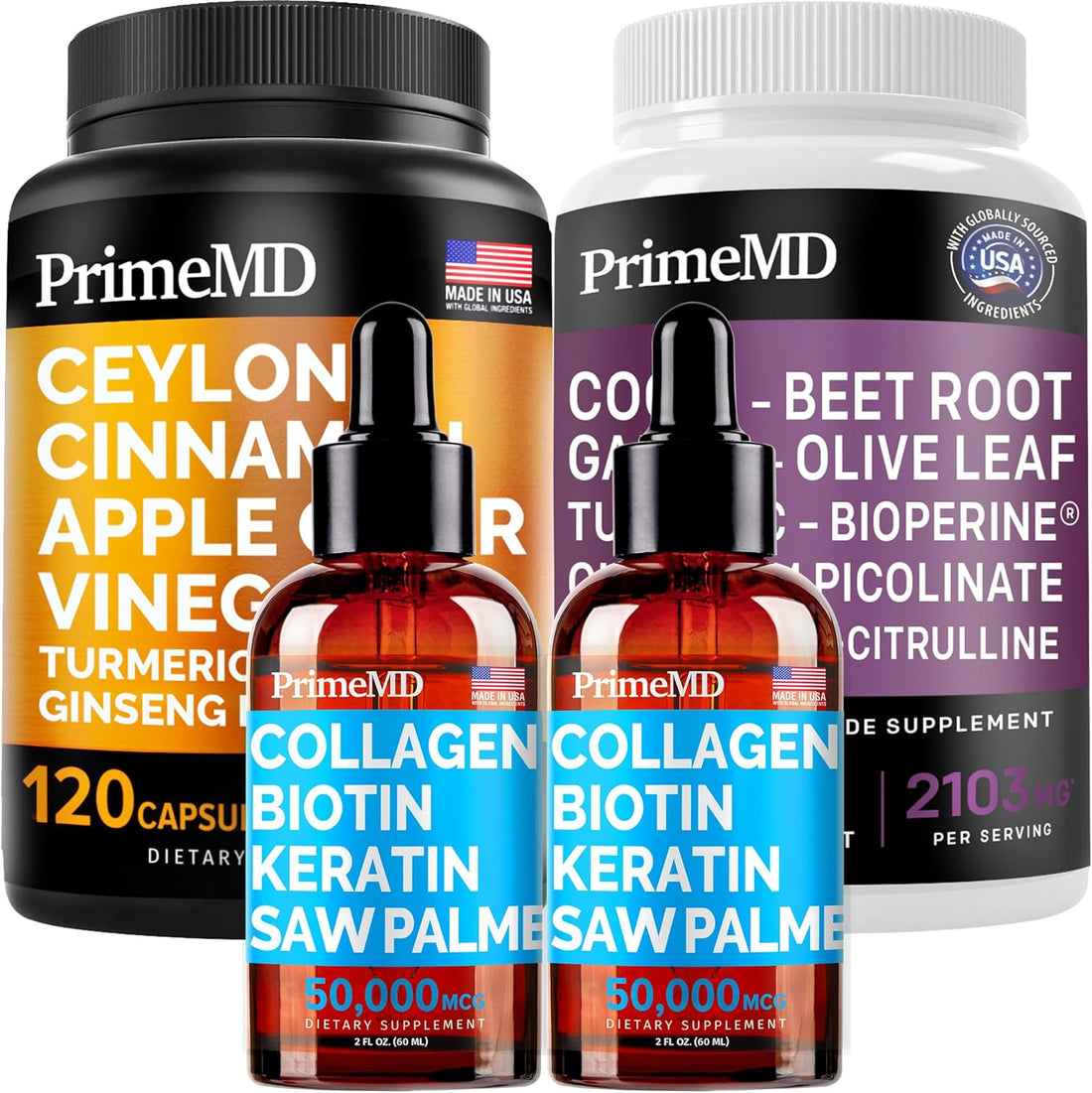 Ceylon Cinnamon (1pk), Liquid Collagen Biotin (2pk), Nitric Oxide (1pk) Supplement Bundle - Potent Vitamins for Heart, Hair, Skin, Nails, Metabolism, & Immune Support - Non-GMO, Vegan, Gluten-Free - PrimeMD