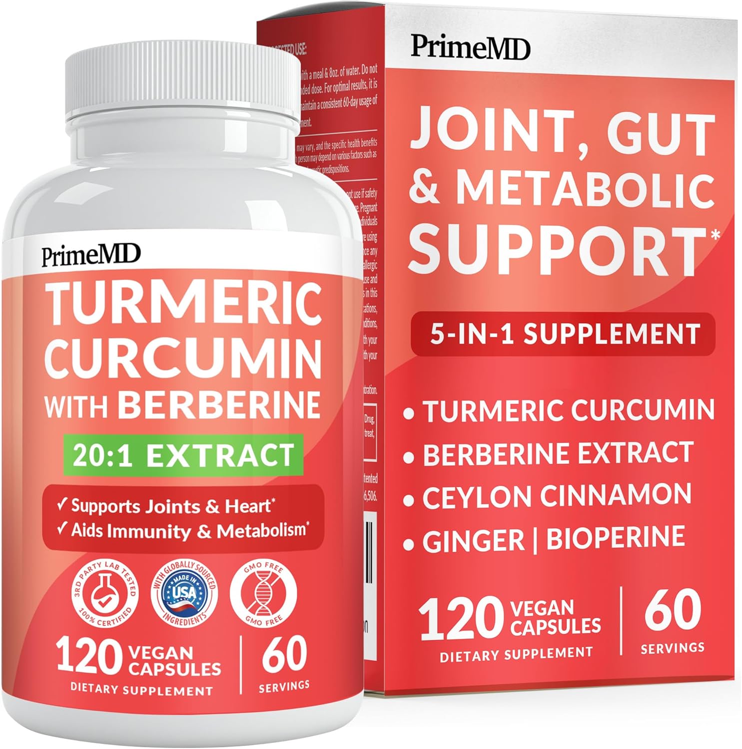 5-in-1 Organic Turmeric Curcumin Supplement (4210mg) with Berberine, Ceylon Cinnamon Bioperine and Ginger Supplements for Joint, Heart, Gut, & Metabolic Support - PrimeMD
