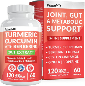 5-in-1 Organic Turmeric Curcumin Supplement (4210mg) with Berberine, Ceylon Cinnamon Bioperine and Ginger Supplements for Joint, Heart, Gut, & Metabolic Support - PrimeMD