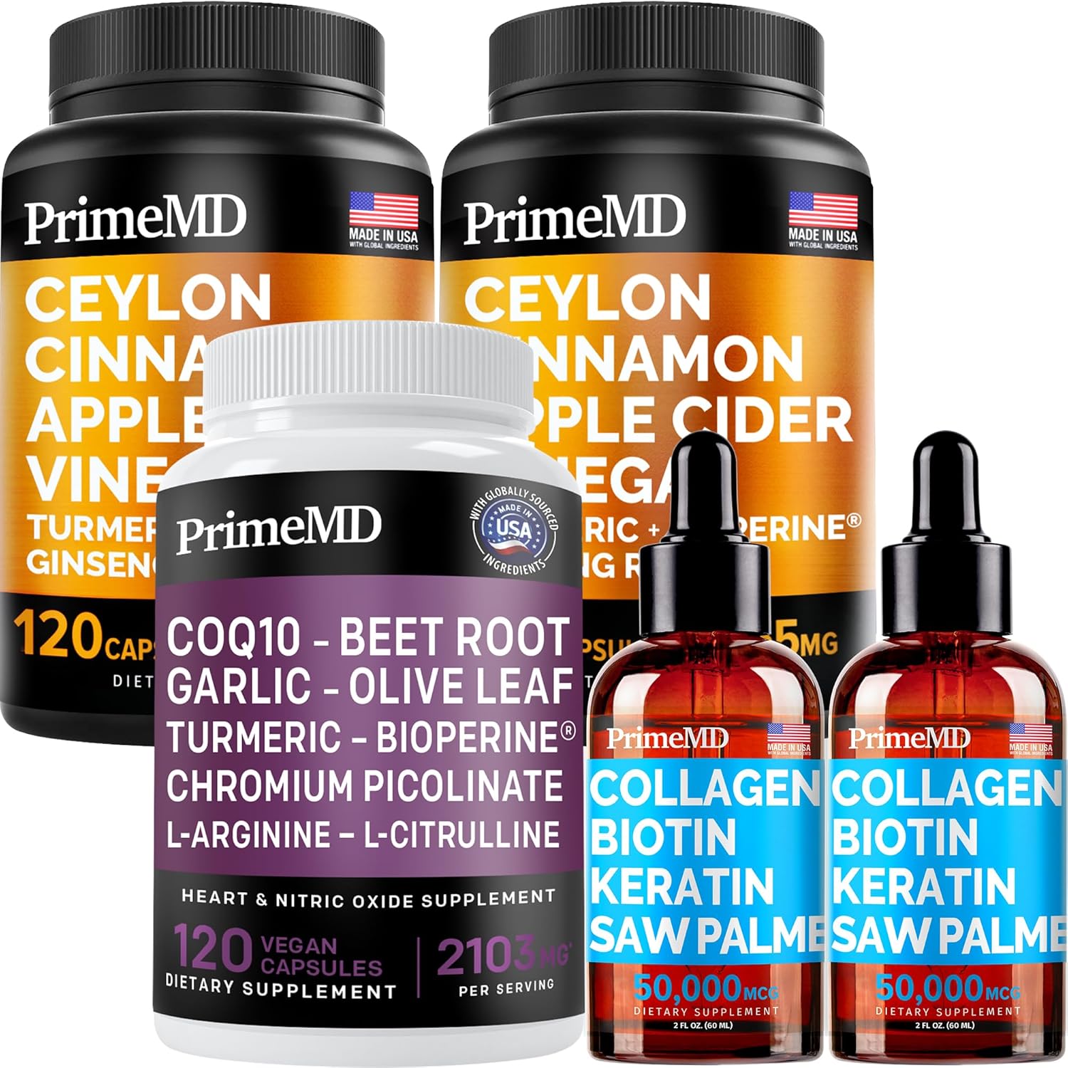Liquid Collagen Biotin (2pk), Ceylon Cinnamon (2pk), and Nitric Oxide (1pk) Supplement Bundle - Potent Vitamins for Hair, Skin, Nails, Heart, Metabolism, & Lipid Support - Non-GMO, Vegan, Gluten-Free - PrimeMD