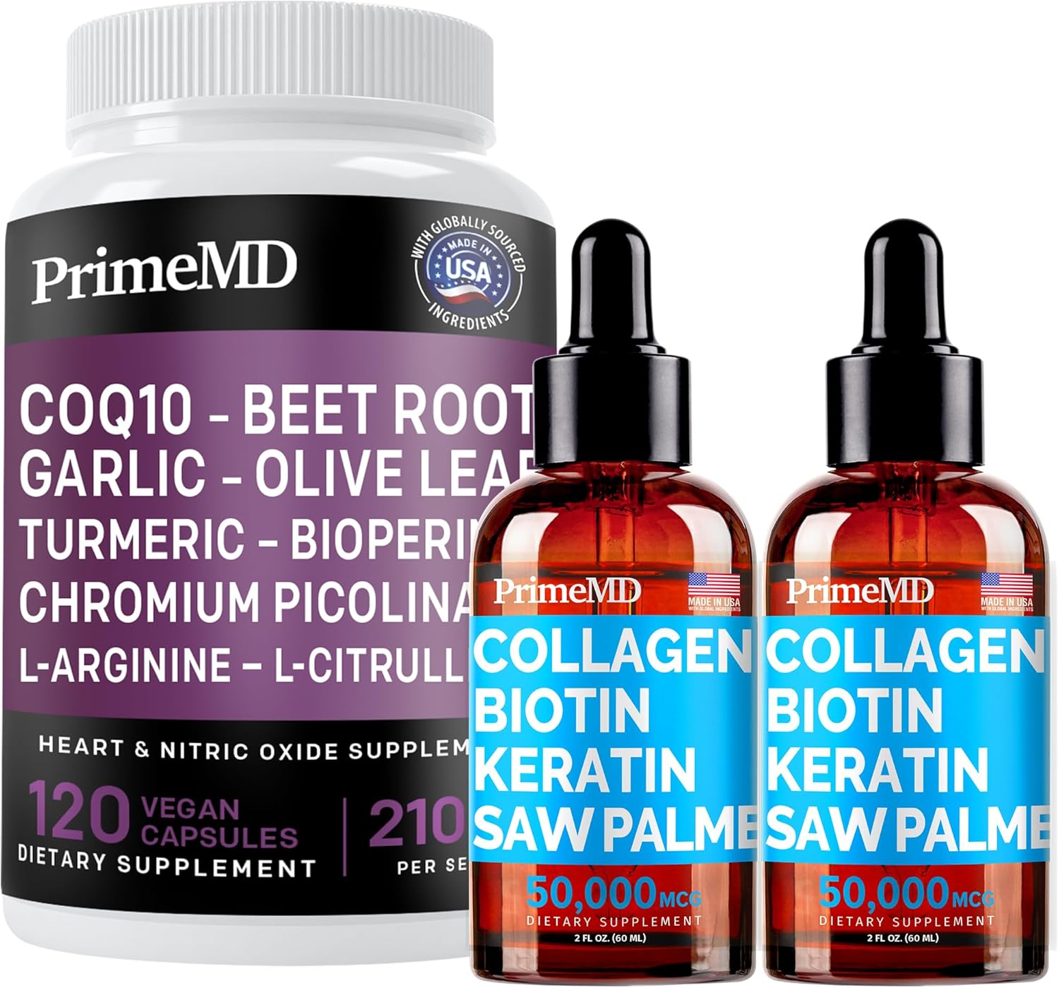 Liquid Collagen Biotin (2pk) and Nitric Oxide (1pk) Supplement Bundle - Potent Vitamins for Hair, Skin, Nails, Heart, Circulatory, and Lipid Support - Non-GMO, Vegan, Gluten-Free - PrimeMD
