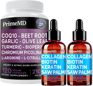 Liquid Collagen Biotin (2pk) and Nitric Oxide (1pk) Supplement Bundle - Potent Vitamins for Hair, Skin, Nails, Heart, Circulatory, and Lipid Support - Non-GMO, Vegan, Gluten-Free - PrimeMD