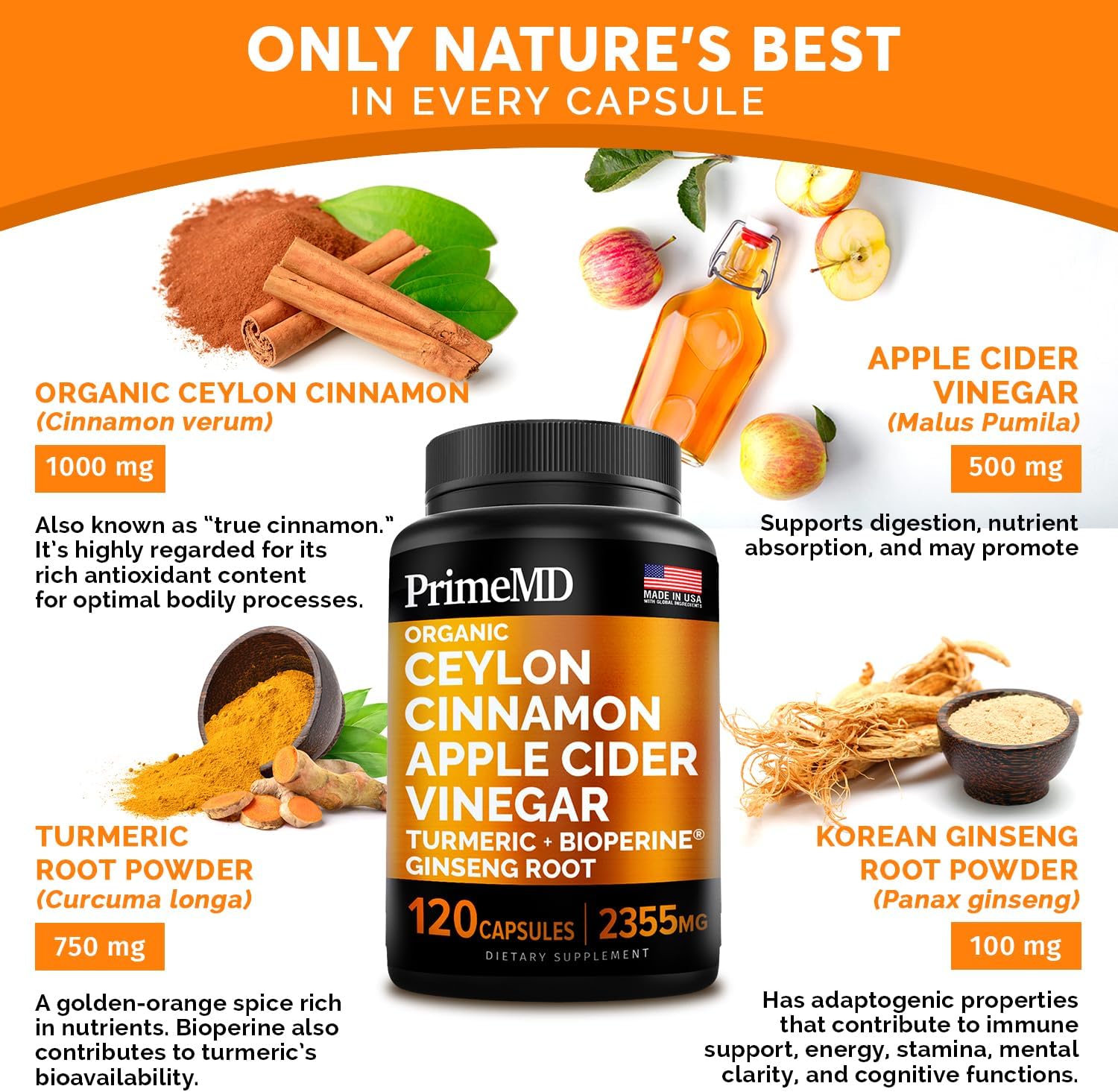 4-in-1 Liquid Biotin Collagen Keratin Saw Palmetto Drops (2 fl oz - 2 Pack) & 5-in-1 Ceylon Cinnamon w Turmeric & Ginseng Root (120ct) Bundle - Hair, Skin, Nails, & Immune Support Supplement - PrimeMD