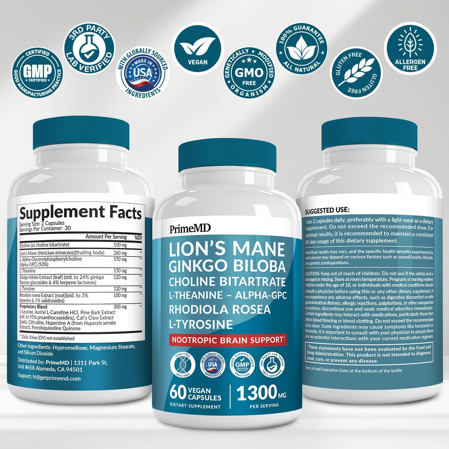 14-in-1 Lions Mane Supplement Capsules - Nootropic Brain Supplement with Ginkgo Biloba for Brain Support, Memory and Focus - Alpha GPC, L Theanine & Choline Supplements with 1300mg Per Serving - PrimeMD