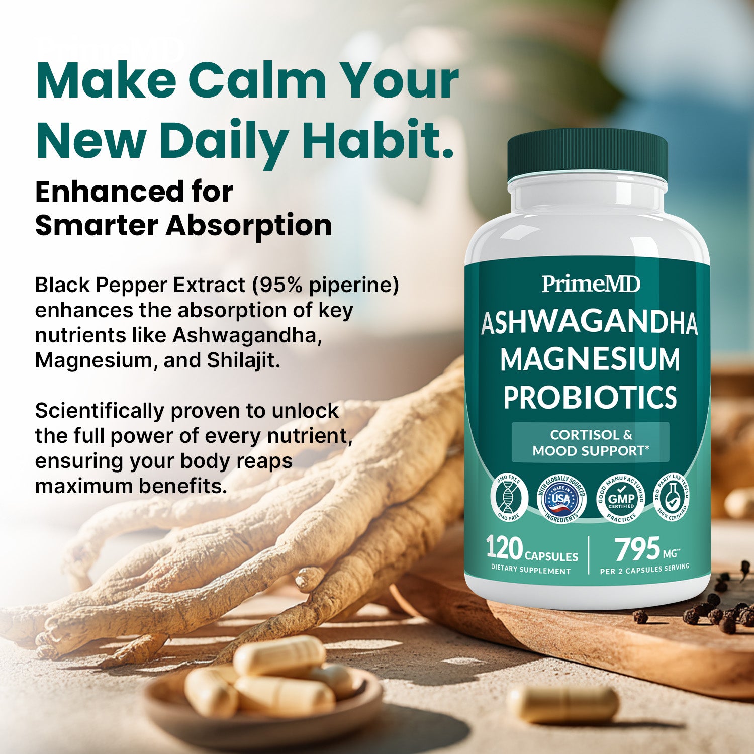 5-in-1 Cortisol Supplement for Women and Men with Ashwagandha for Calmness, Focus, and Adrenal Support Supplements with Shilajit Extract, Magnesium Glycinate, Probiotics - PrimeMD