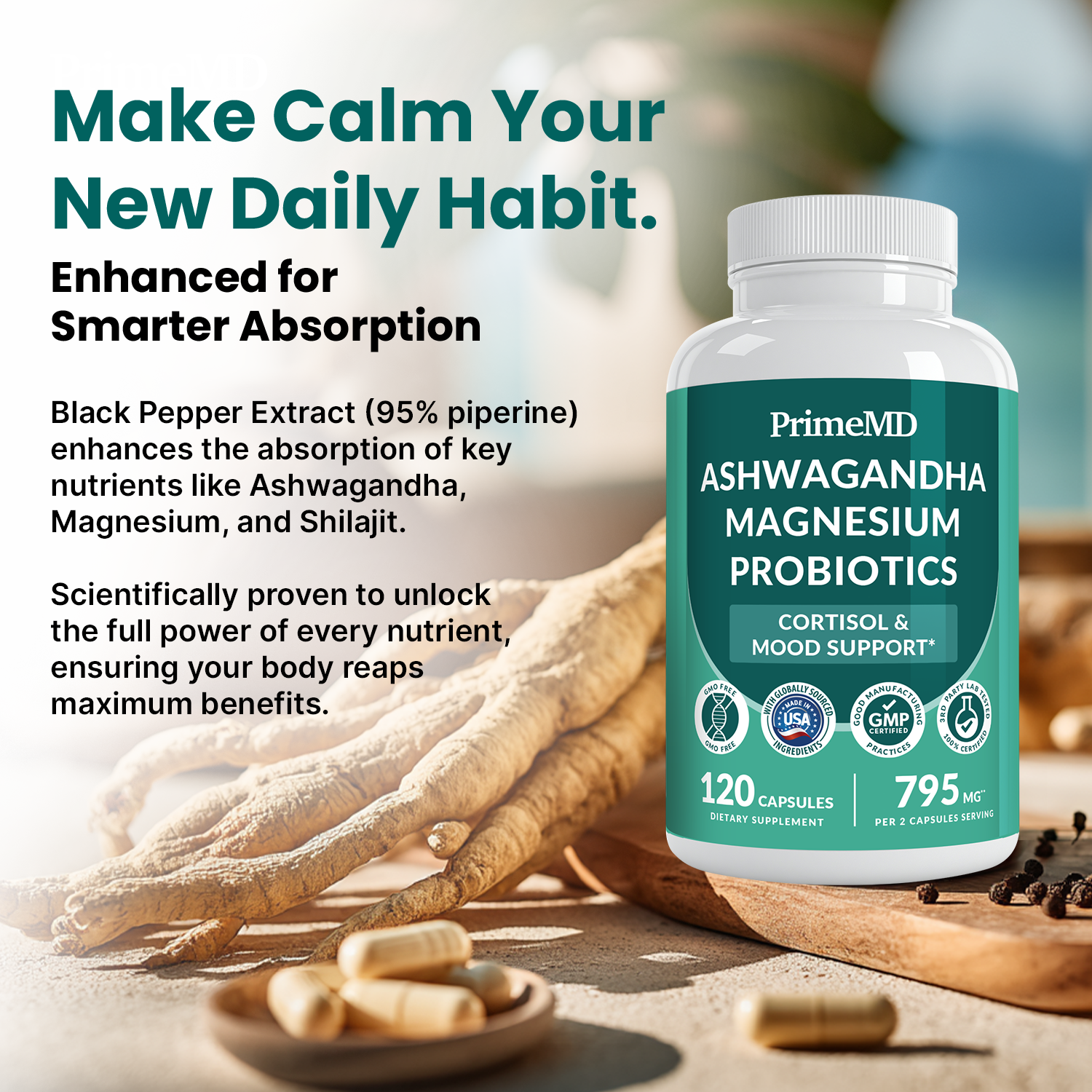 5-in-1 Cortisol Supplement for Women and Men with Ashwagandha for Calmness, Focus, and Adrenal Support Supplements with Shilajit Extract, Magnesium Glycinate, Probiotics - PrimeMD