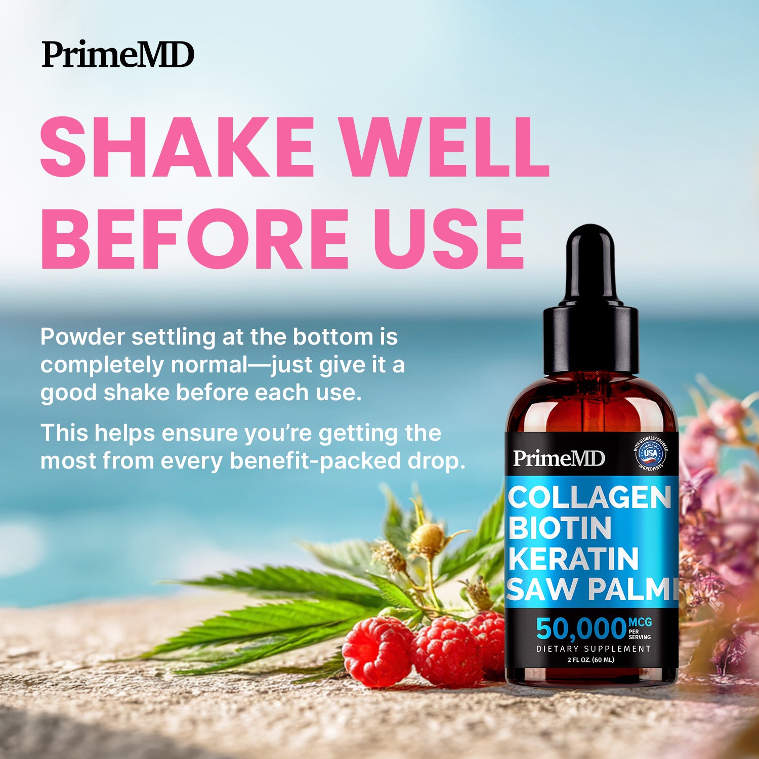 Liquid Collagen Peptides for Women - Serum Complex with Biotin Vitamin, Hydrolyzed Keratin Protein and Saw Palmetto - Comprehensive Formula for Hair, Skin, and Nails Wellness - 2fl oz - PrimeMD