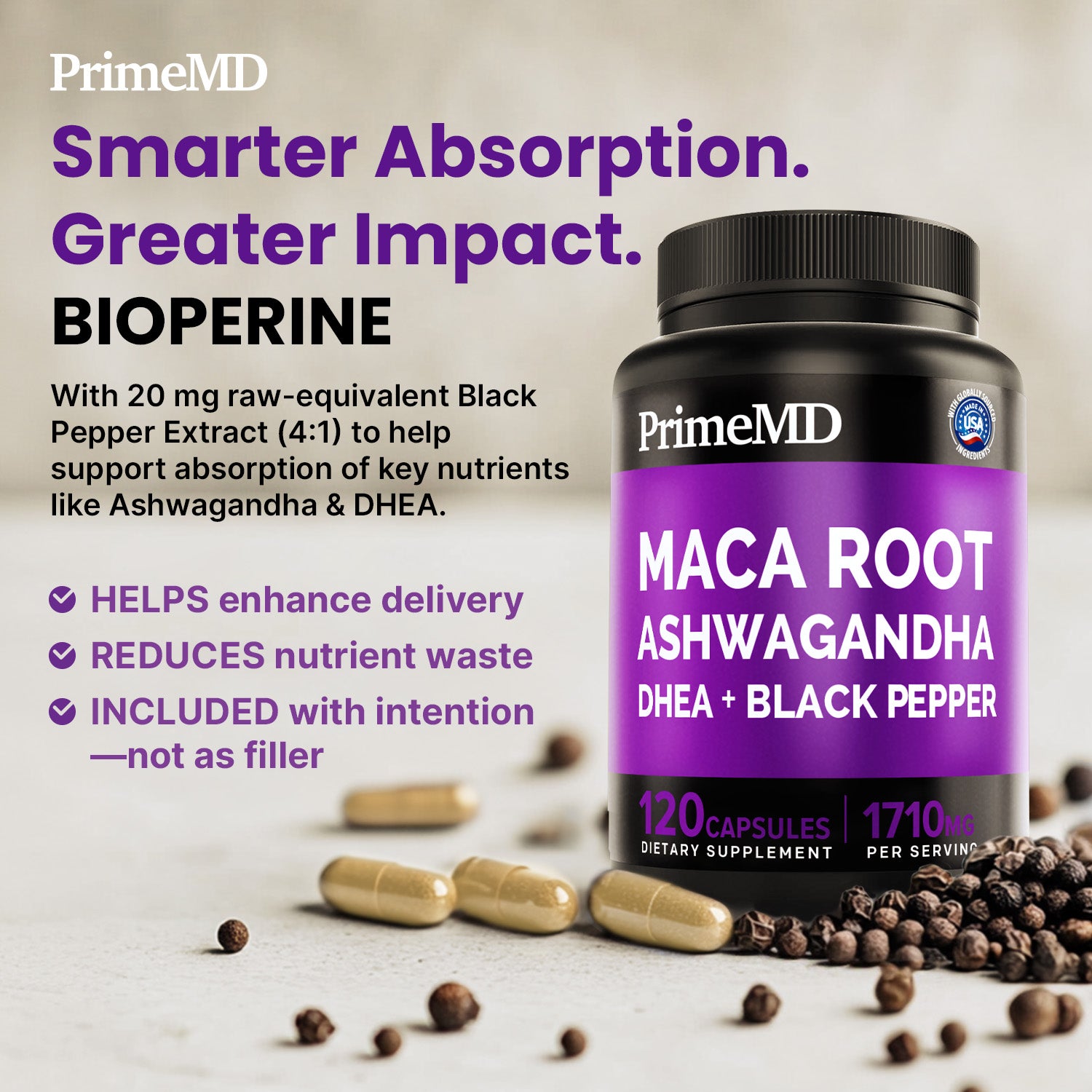 6-in-1 Organic Maca Root Ashwagandha Capsules 1710mg with DHEA and Black Pepper Fruit Extract for Women and Men - Black Maca Supplement for Stamina, Bone and Mood Support Supplement - PrimeMD