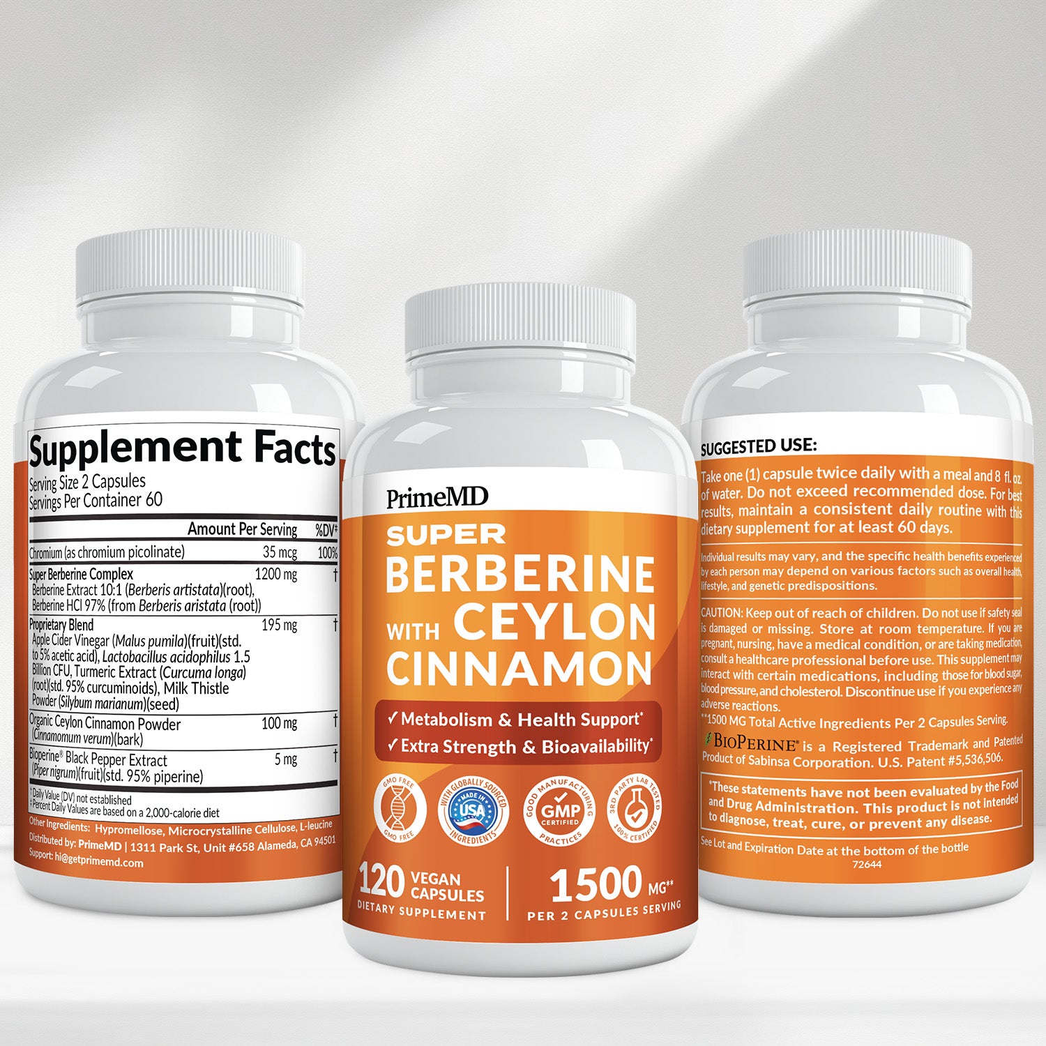 Super Berberine Supplement with Ceylon Cinnamon, BioPerine, Apple Cider, and Turmeric 1500mg - 8-in-1 Dihydroberberine Supplement for Overall Wellness and Balance Support - PrimeMD