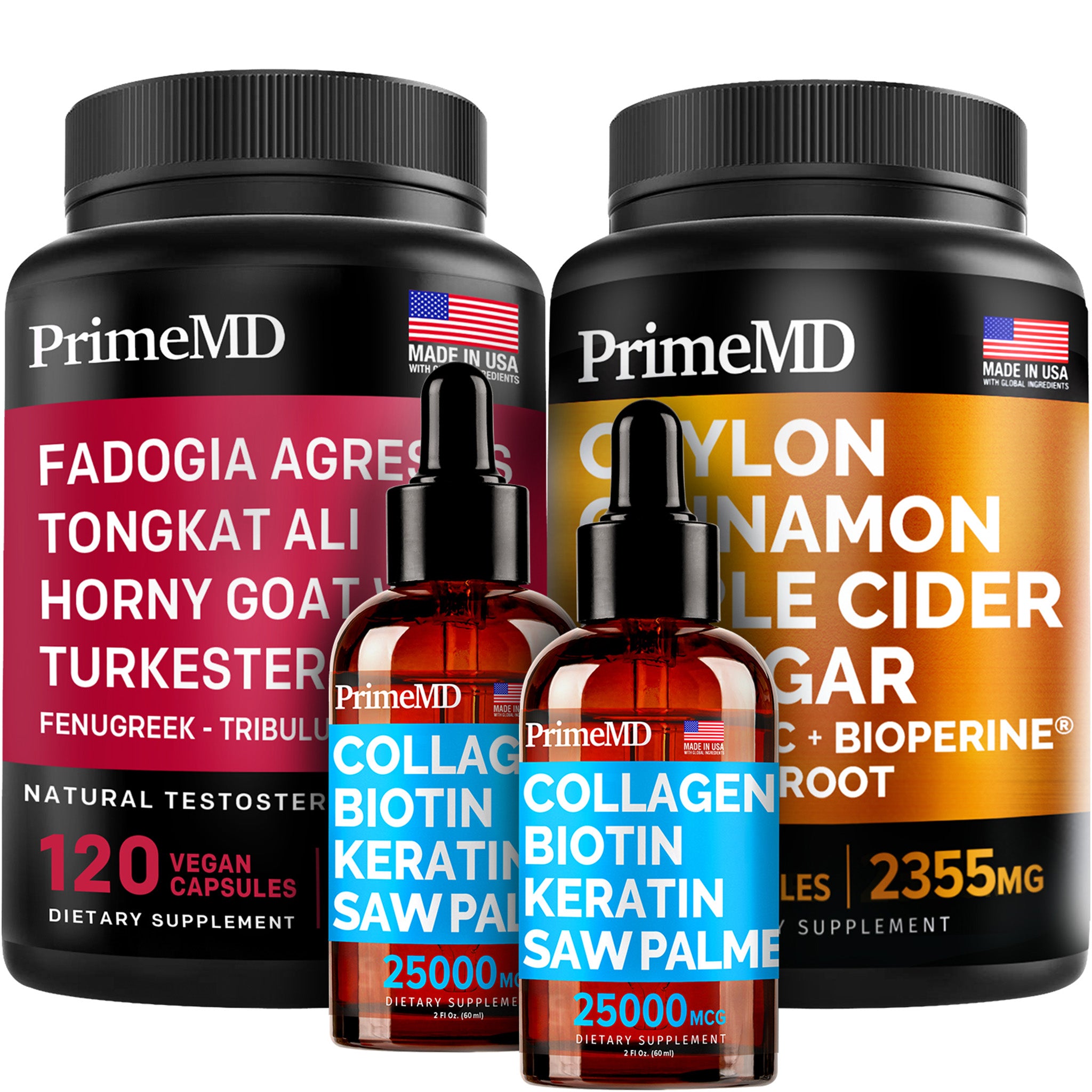 Ceylon Cinnamon (1pk), Liquid Collagen Biotin (2pk), and Fadogia Tongkat Ali (1pk) Supplement Bundle - Potent Vitamins for Heart, Hair, Skin, Nails, Testosterone, & Immune Support - Non-GMO, Vegan - PrimeMD