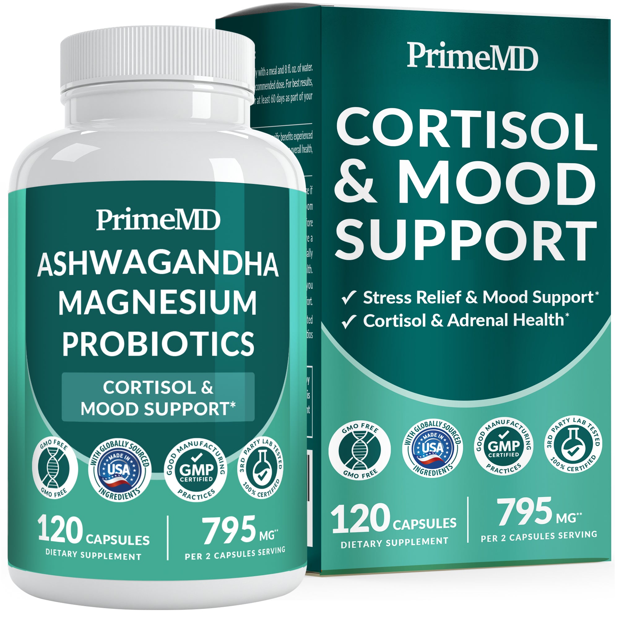 5-in-1 Cortisol Supplement for Women and Men with Ashwagandha for Calmness, Focus, and Adrenal Support Supplements with Shilajit Extract, Magnesium Glycinate, Probiotics - PrimeMD