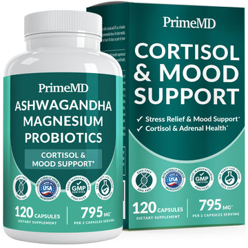 5-in-1 Cortisol Supplement for Women and Men with Ashwagandha for Calmness, Focus, and Adrenal Support Supplements with Shilajit Extract, Magnesium Glycinate, Probiotics - PrimeMD