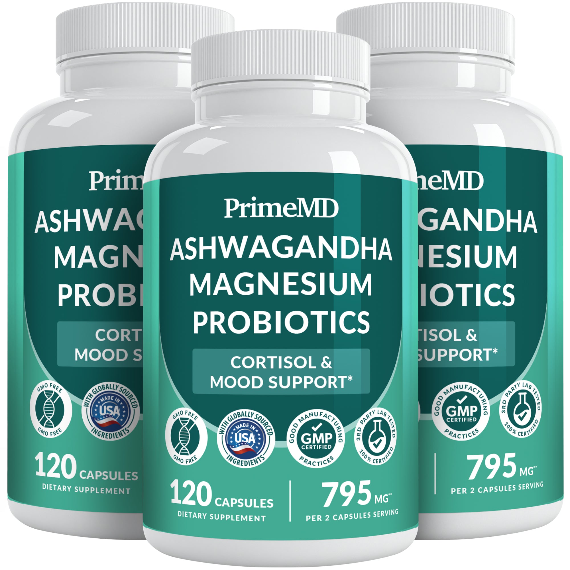 5-in-1 Cortisol Supplement for Women and Men with Ashwagandha for Calmness, Focus, and Adrenal Support Supplements with Shilajit Extract, Magnesium Glycinate, Probiotics - PrimeMD