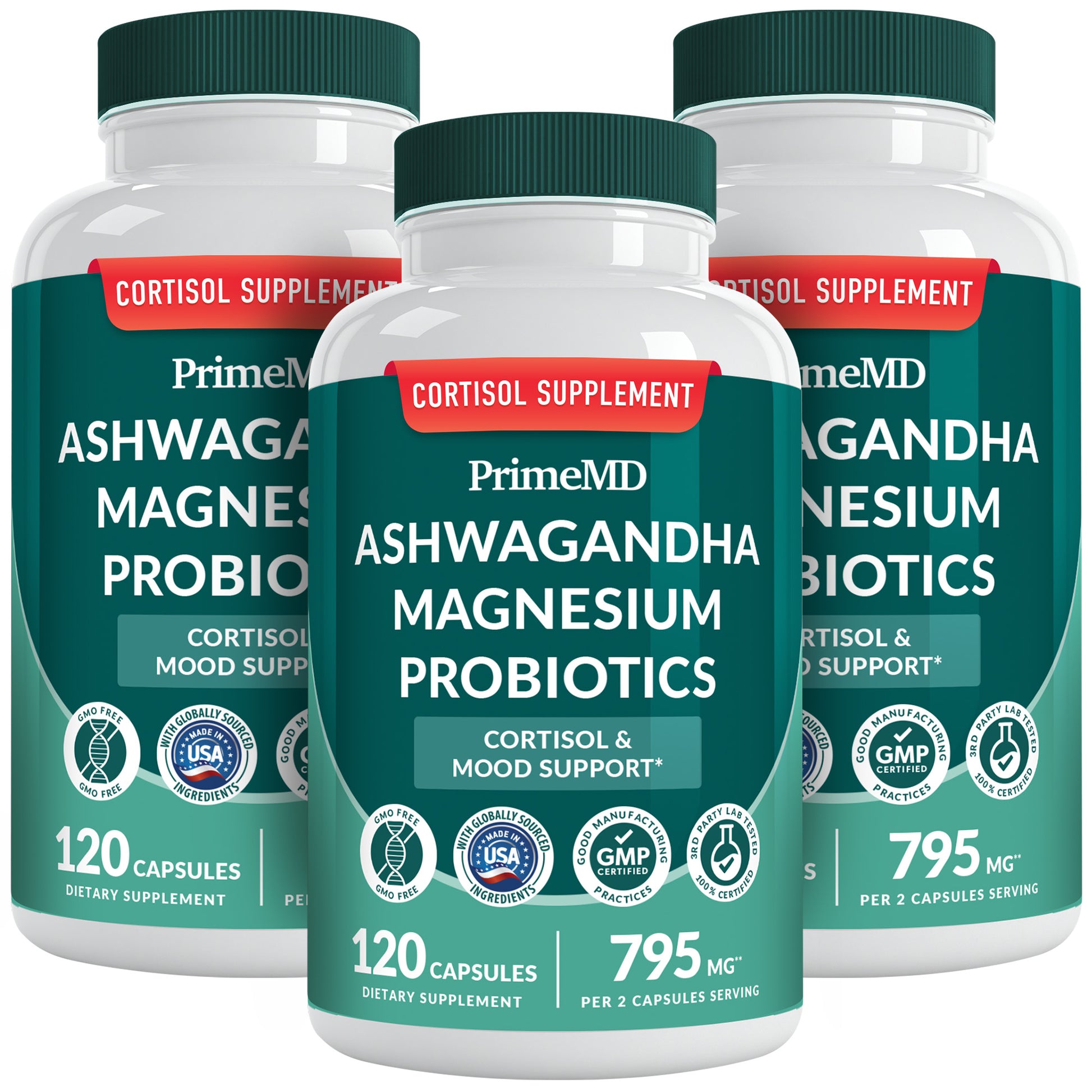 5-in-1 Cortisol Supplement for Women and Men with Ashwagandha for Calmness, Focus, and Adrenal Support Supplements with Shilajit Extract, Magnesium Glycinate, Probiotics - PrimeMD
