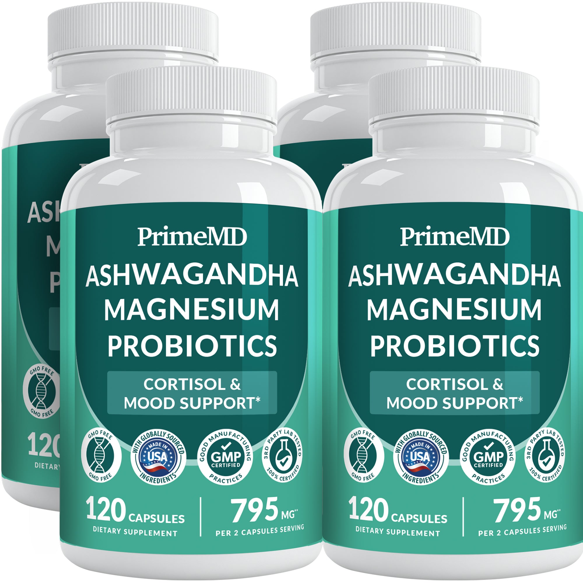5-in-1 Cortisol Supplement for Women and Men with Ashwagandha for Calmness, Focus, and Adrenal Support Supplements with Shilajit Extract, Magnesium Glycinate, Probiotics - PrimeMD