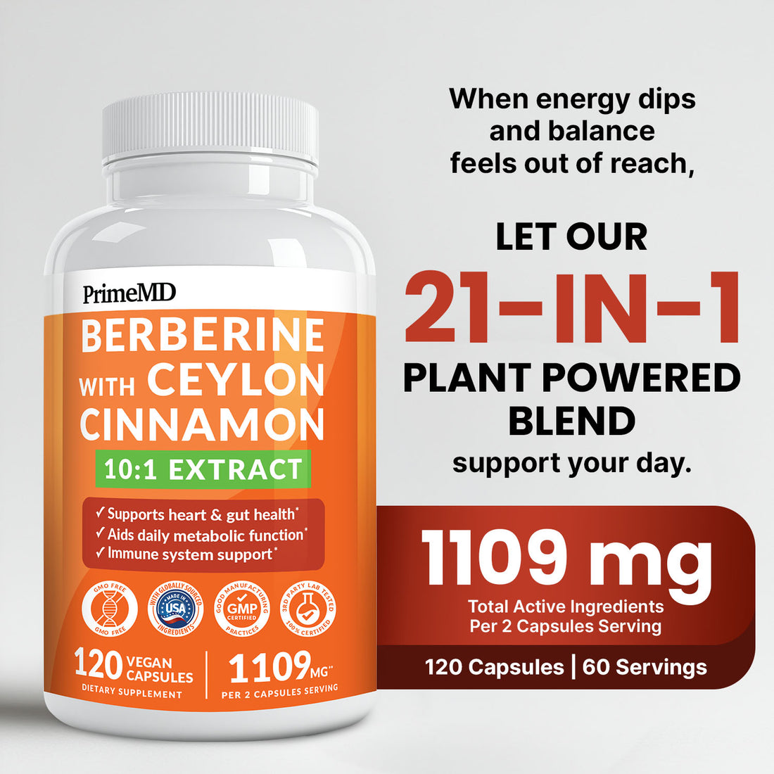 21-in-1 Berberine Supplement with Ceylon Cinnamon with Chromium, Bitter Melon and Green Tea Extract and Black Pepper Extract 5X for Energy & Metabolism Support with 5279 mg - PrimeMD