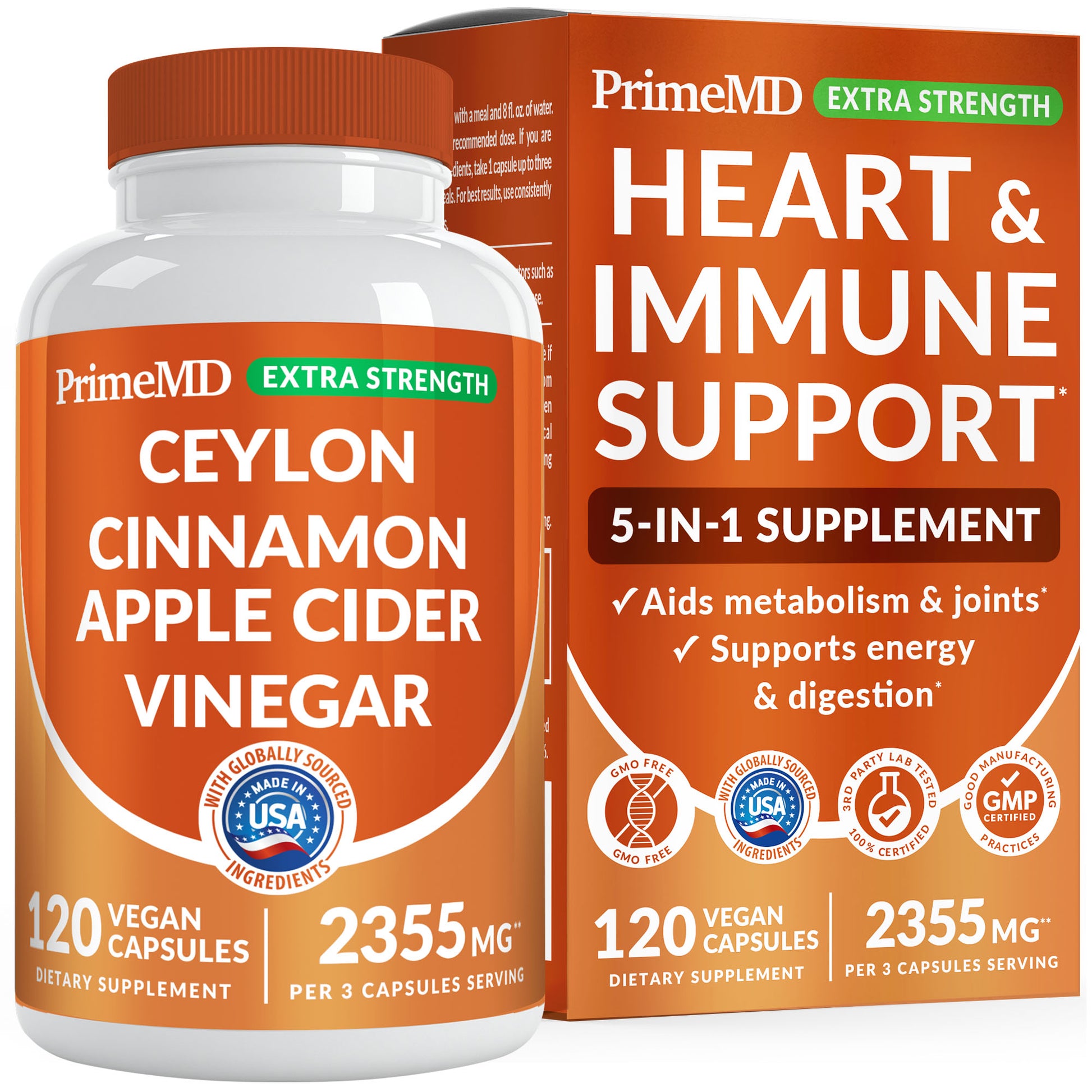 5-in-1 Ceylon Cinnamon Capsules 2355mg - Ceylon Cinnamon and Apple Cider Vinegar with Turmeric, Panax Ginseng, Cinnamon, and Bioperine - PrimeMD