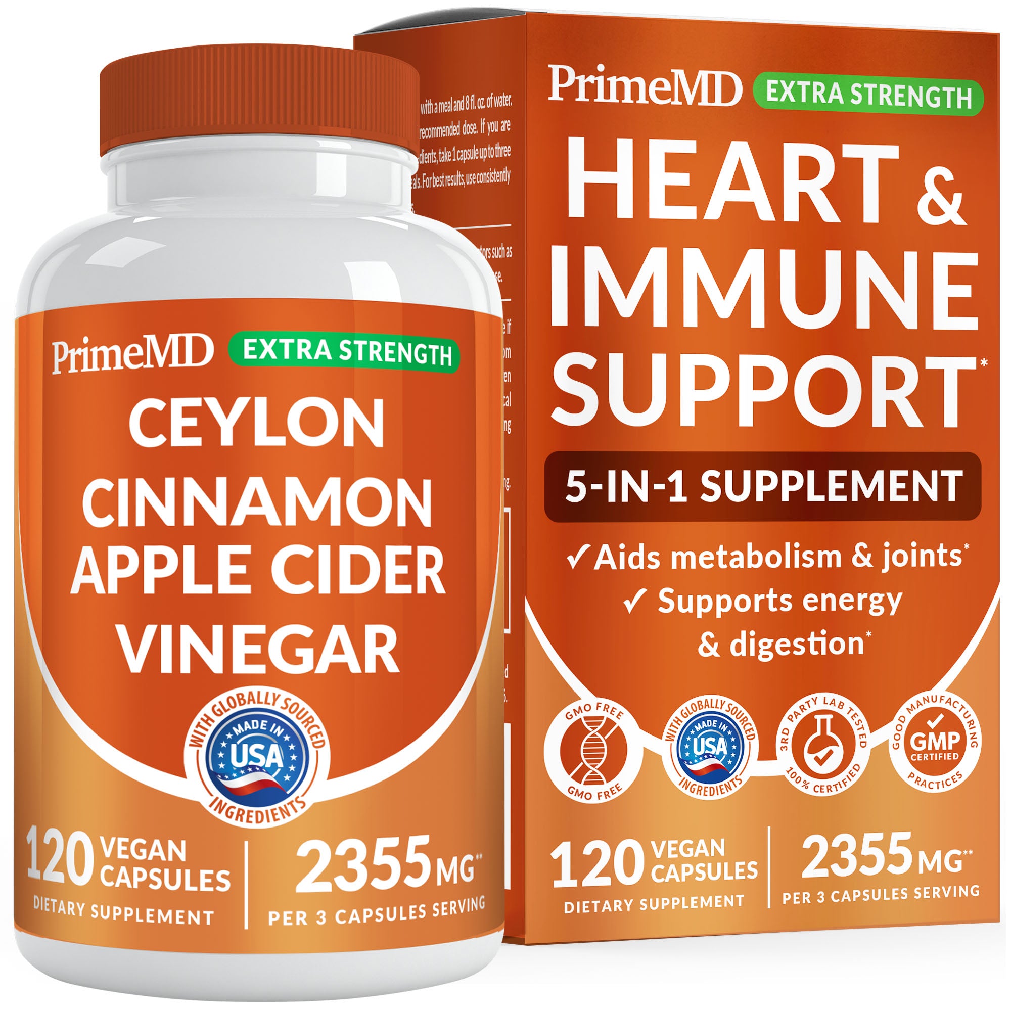 5-in-1 Ceylon Cinnamon Capsules 2355mg - Ceylon Cinnamon and Apple Cider Vinegar with Turmeric, Panax Ginseng, Cinnamon, and Bioperine - PrimeMD