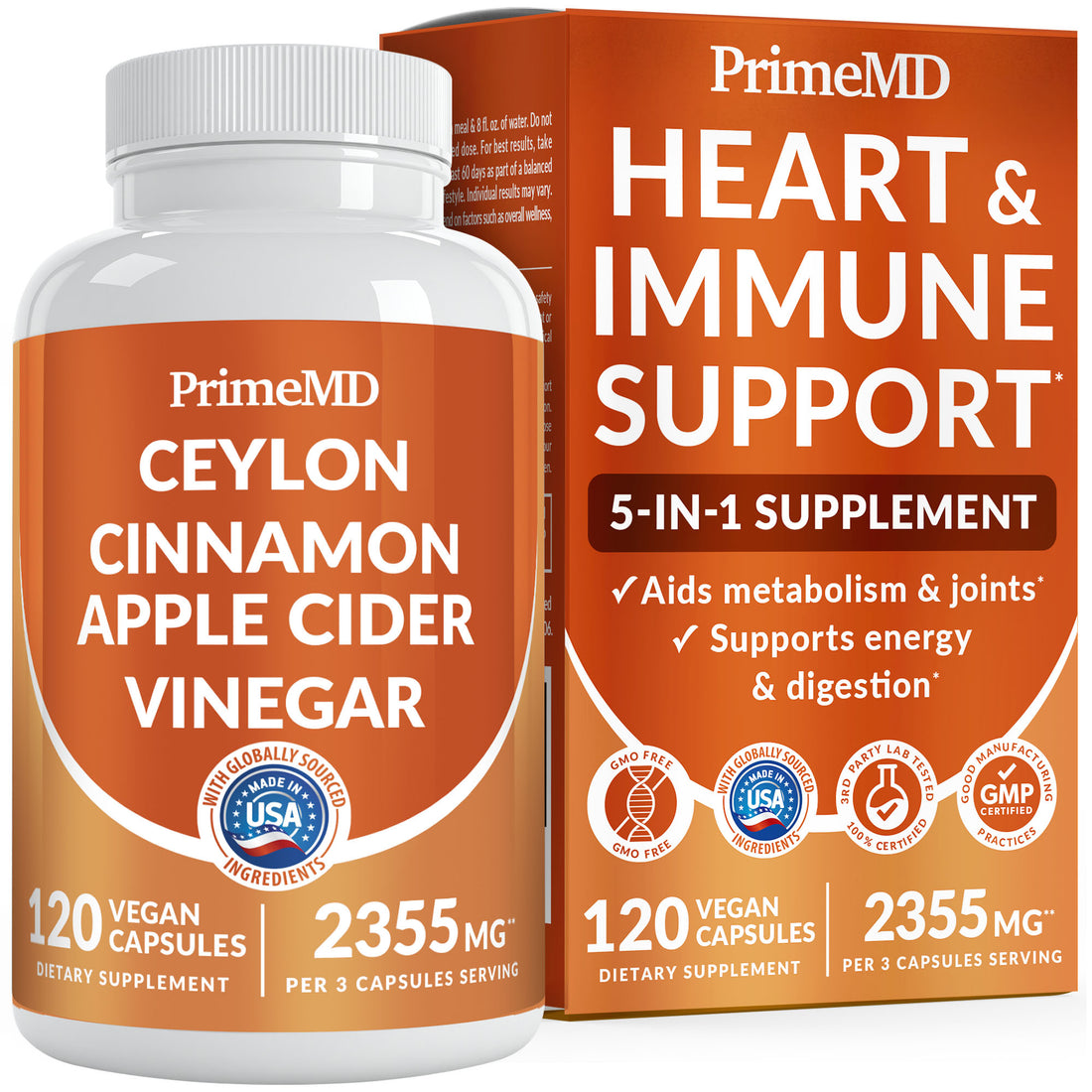 5-in-1 Ceylon Cinnamon Capsules 2355mg - Ceylon Cinnamon and Apple Cider Vinegar with Turmeric, Panax Ginseng, Cinnamon, and Bioperine - PrimeMD