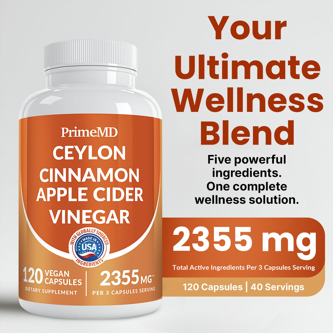5-in-1 Ceylon Cinnamon Capsules 2355mg - Ceylon Cinnamon and Apple Cider Vinegar with Turmeric, Panax Ginseng, Cinnamon, and Bioperine - PrimeMD