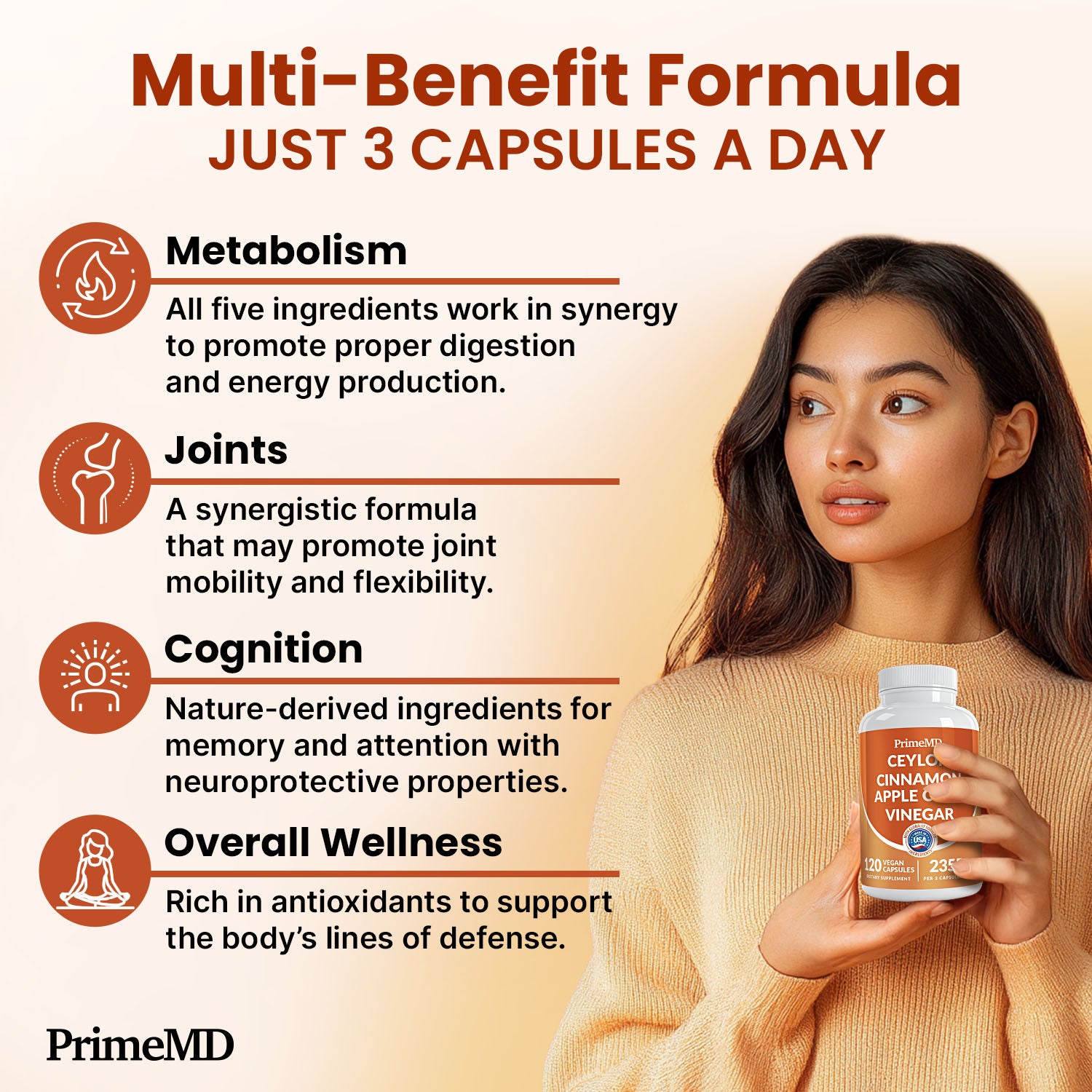 5-in-1 Ceylon Cinnamon Capsules 2355mg - Ceylon Cinnamon and Apple Cider Vinegar with Turmeric, Panax Ginseng, Cinnamon, and Bioperine - PrimeMD