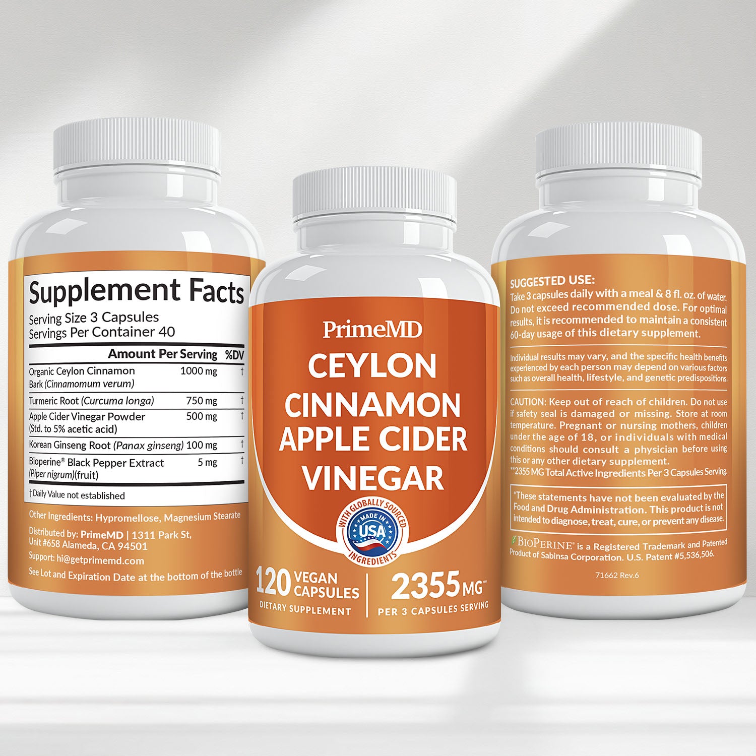 5-in-1 Ceylon Cinnamon Capsules 2355mg - Ceylon Cinnamon and Apple Cider Vinegar with Turmeric, Panax Ginseng, Cinnamon, and Bioperine - PrimeMD