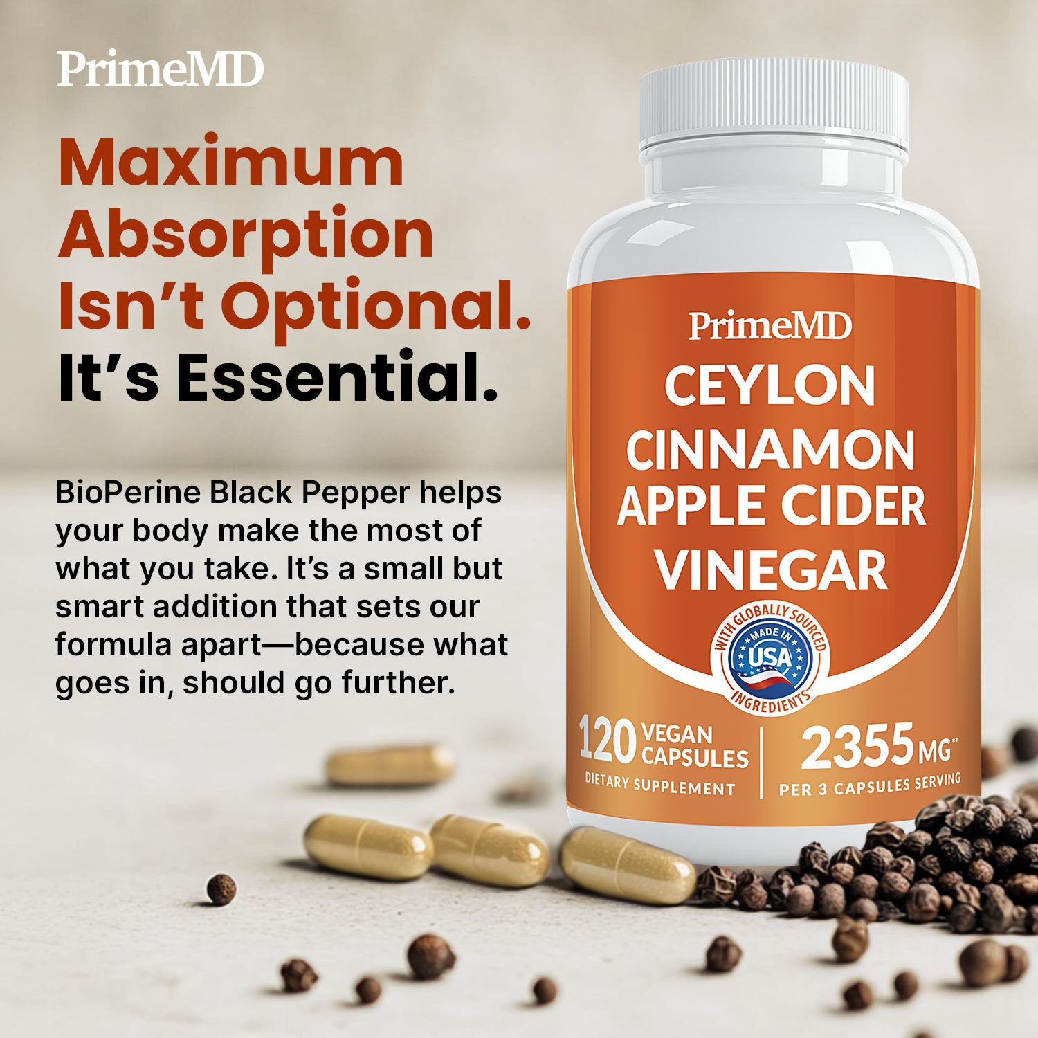 5-in-1 Ceylon Cinnamon Capsules 2355mg - Ceylon Cinnamon and Apple Cider Vinegar with Turmeric, Panax Ginseng, Cinnamon, and Bioperine - PrimeMD