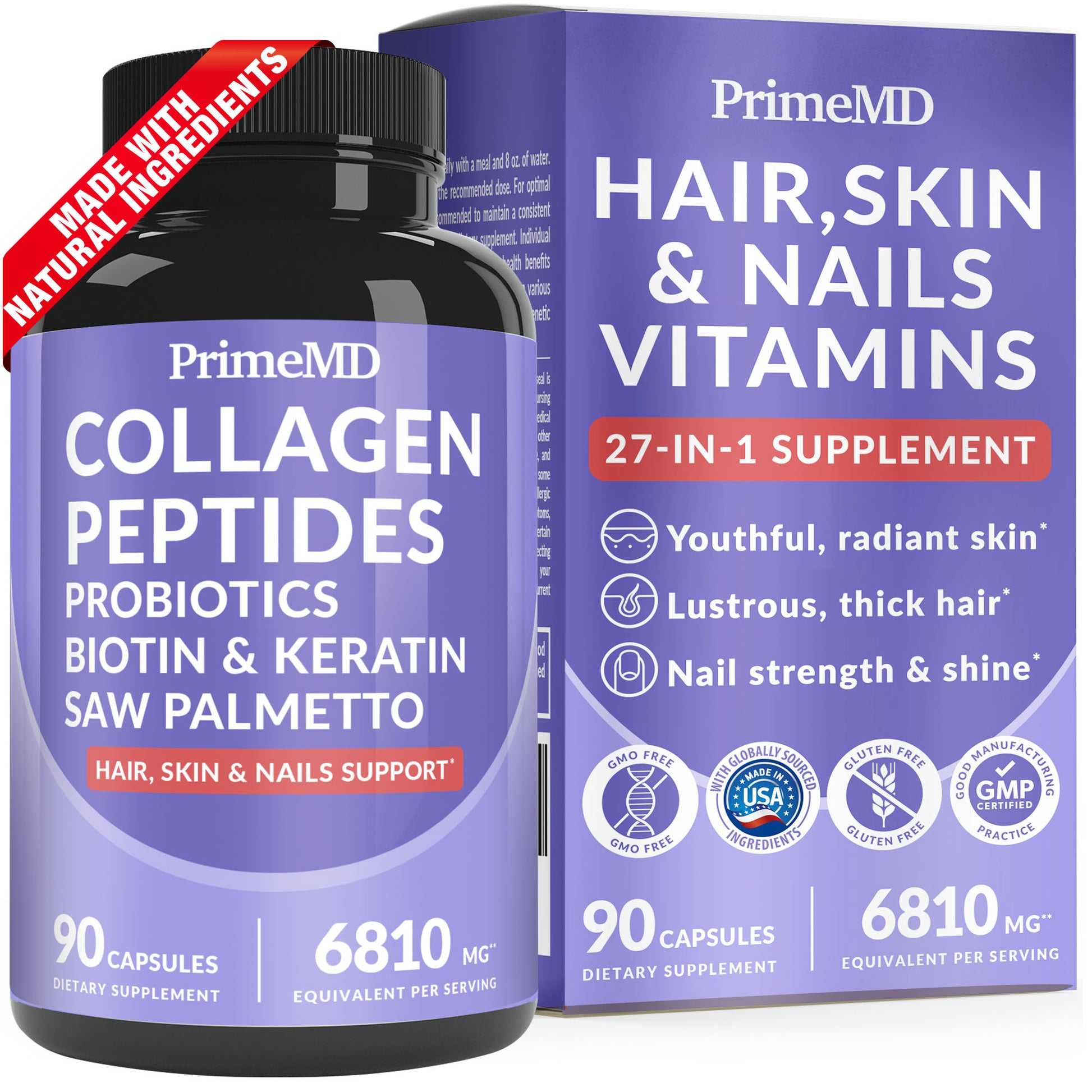 27-in-1 Hair Skin and Nails Vitamins (6810mg) with Biotin 10000mcg - Collagen Supplements for Men and Women - Keratin Supplements with Probiotics and Saw Palmetto - PrimeMD