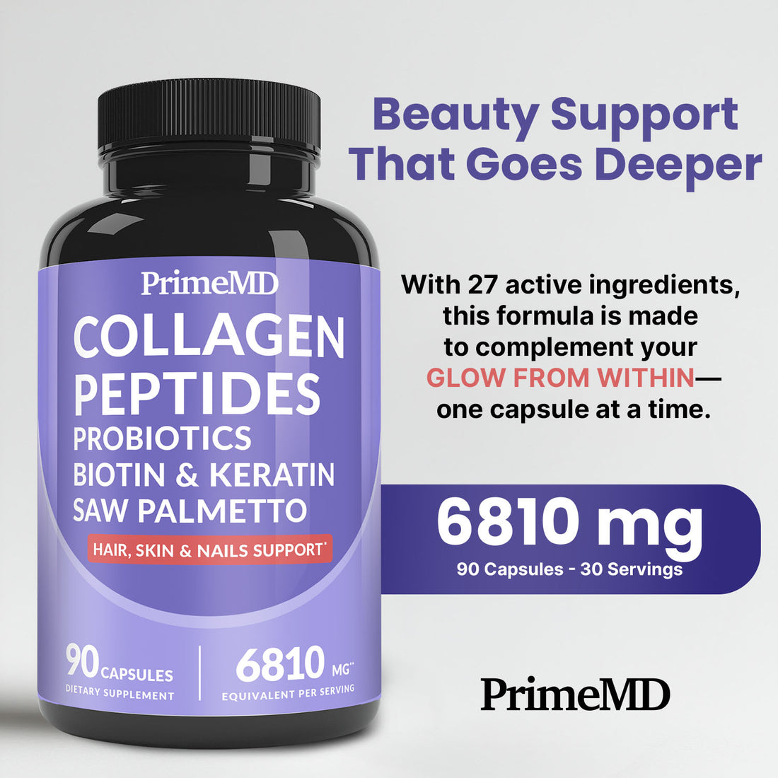 27-in-1 Hair Skin and Nails Vitamins (6810mg) with Biotin 10000mcg - Collagen Supplements for Men and Women - Keratin Supplements with Probiotics and Saw Palmetto - PrimeMD