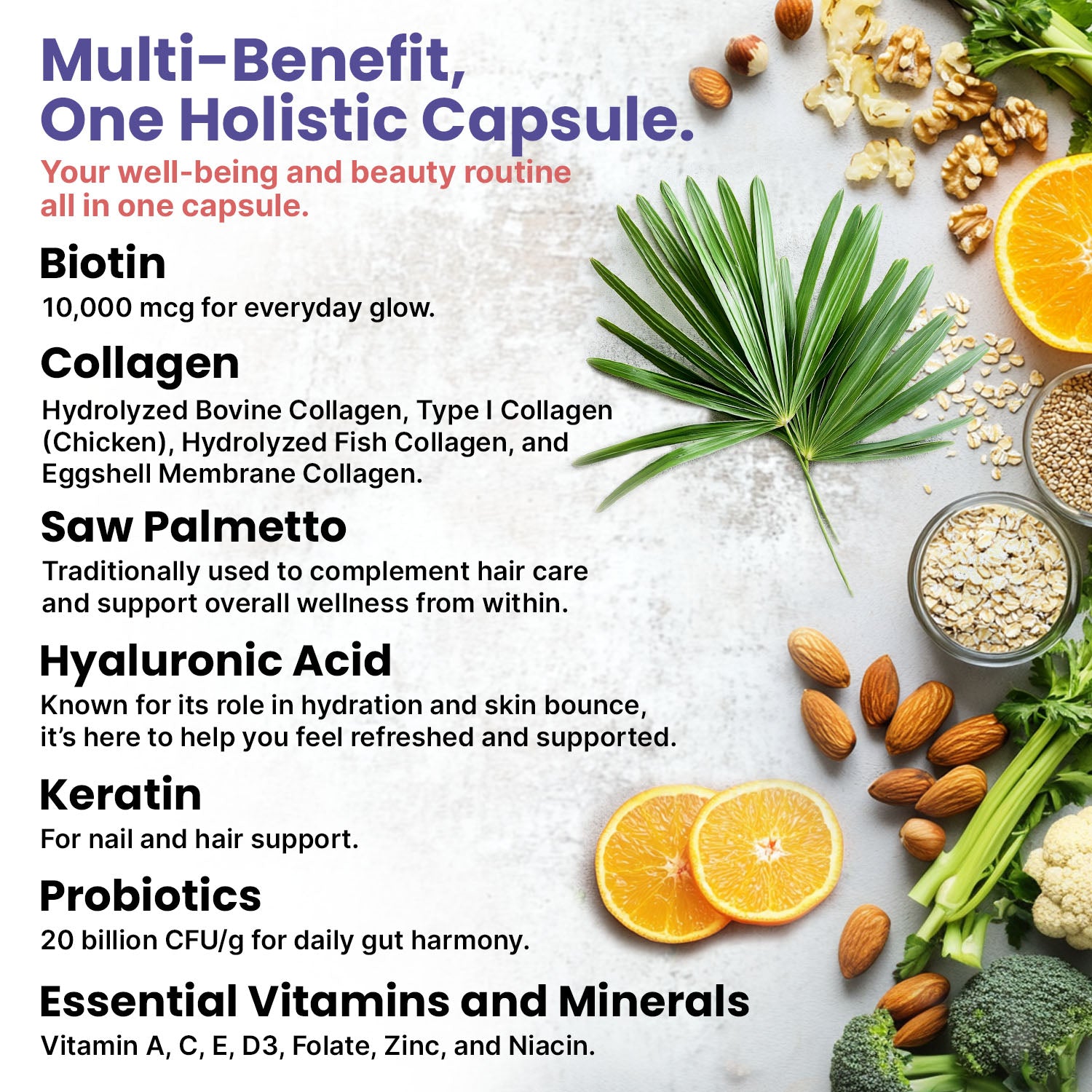 27-in-1 Hair Skin and Nails Vitamins (6810mg) with Biotin 10000mcg - Collagen Supplements for Men and Women - Keratin Supplements with Probiotics and Saw Palmetto - PrimeMD