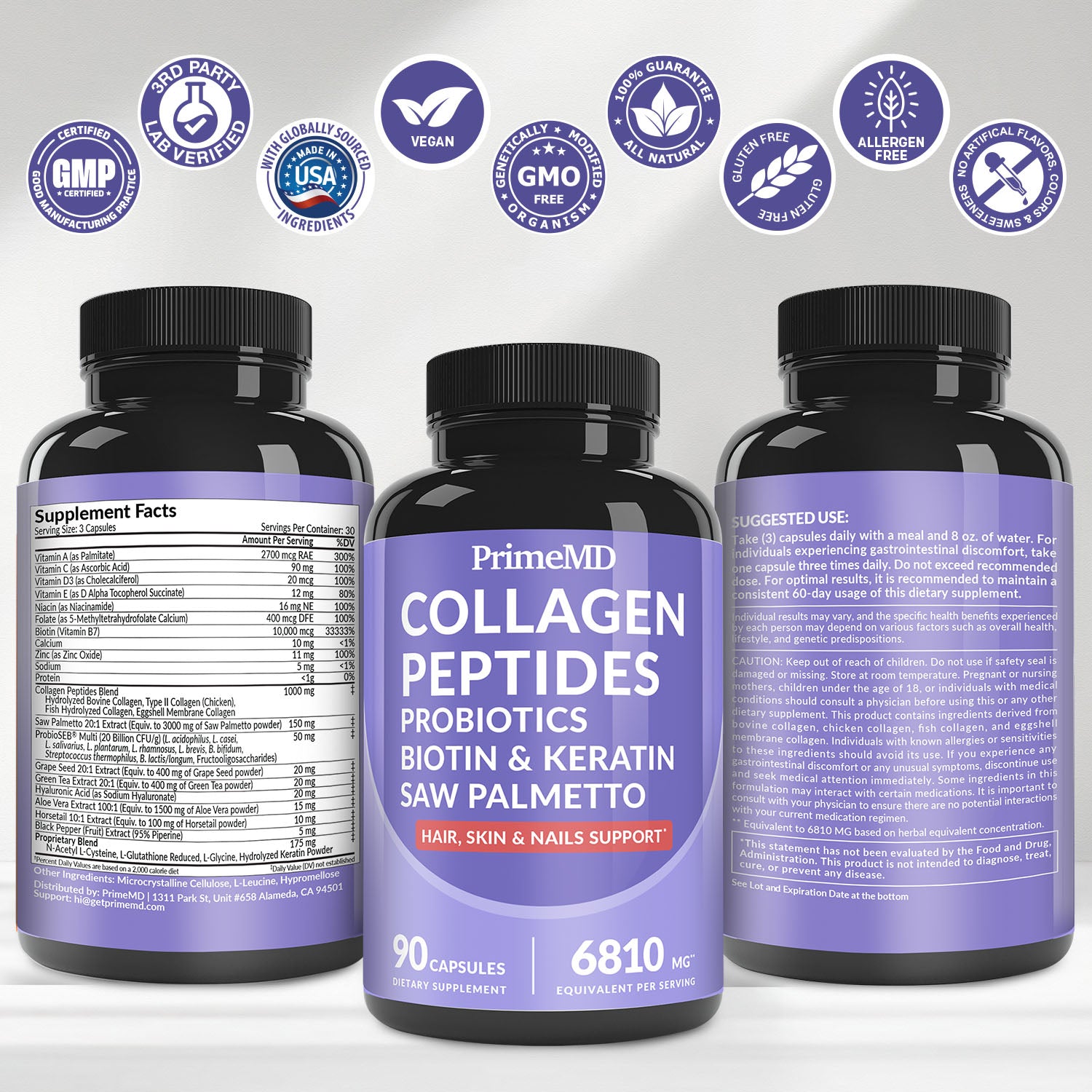 27-in-1 Hair Skin and Nails Vitamins (6810mg) with Biotin 10000mcg - Collagen Supplements for Men and Women - Keratin Supplements with Probiotics and Saw Palmetto - PrimeMD