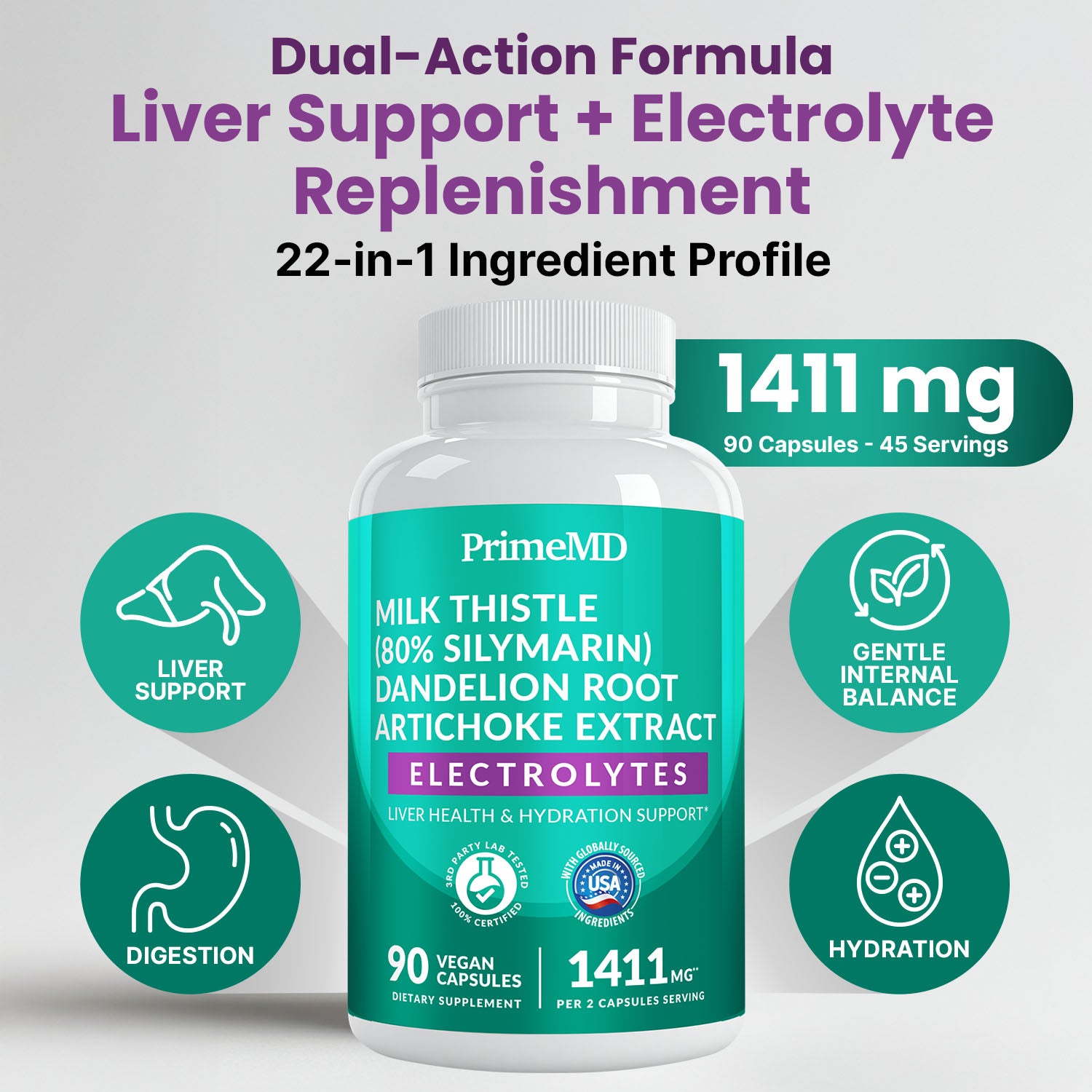 22-in-1 Liver Support Capsules – Supplement with Milk Thistle, NAC, Electrolytes & BioPerine Supplement – Smart Dose for Your Natural Filtration & Daily Hydration – 90 Vegan Capsules - PrimeMD
