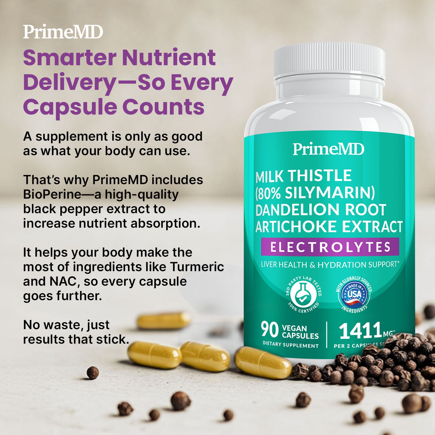 22-in-1 Liver Support Capsules – Supplement with Milk Thistle, NAC, Electrolytes & BioPerine Supplement – Smart Dose for Your Natural Filtration & Daily Hydration – 90 Vegan Capsules - PrimeMD