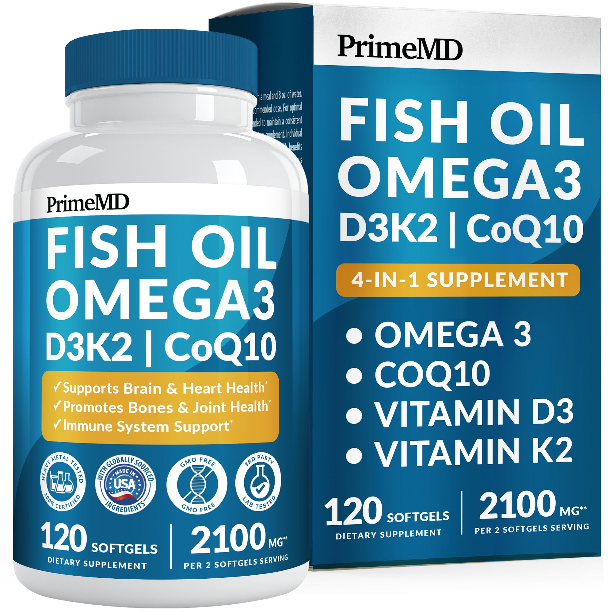 5-in-1 Fish Oil Omega 3 Fatty Supplements (2100mg) - Omega 3 Fish Oil with Vitamins D3 K2 and CoQ10 - PrimeMD