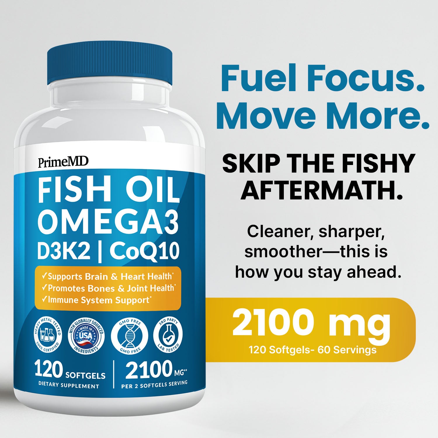 5-in-1 Fish Oil Omega 3 Fatty Supplements (2100mg) - Omega 3 Fish Oil with Vitamins D3 K2 and CoQ10 - PrimeMD