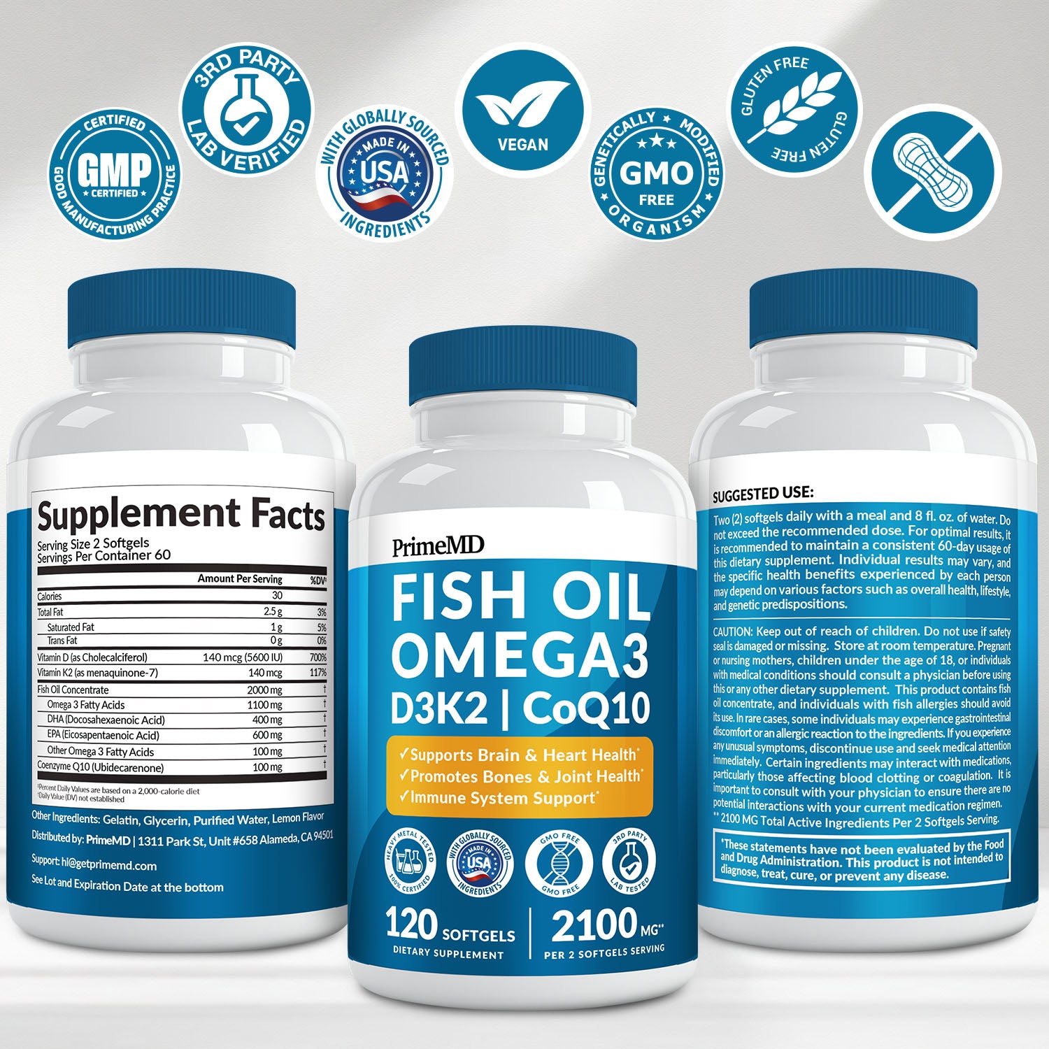 5-in-1 Fish Oil Omega 3 Fatty Supplements (2100mg) - Omega 3 Fish Oil with Vitamins D3 K2 and CoQ10 - PrimeMD