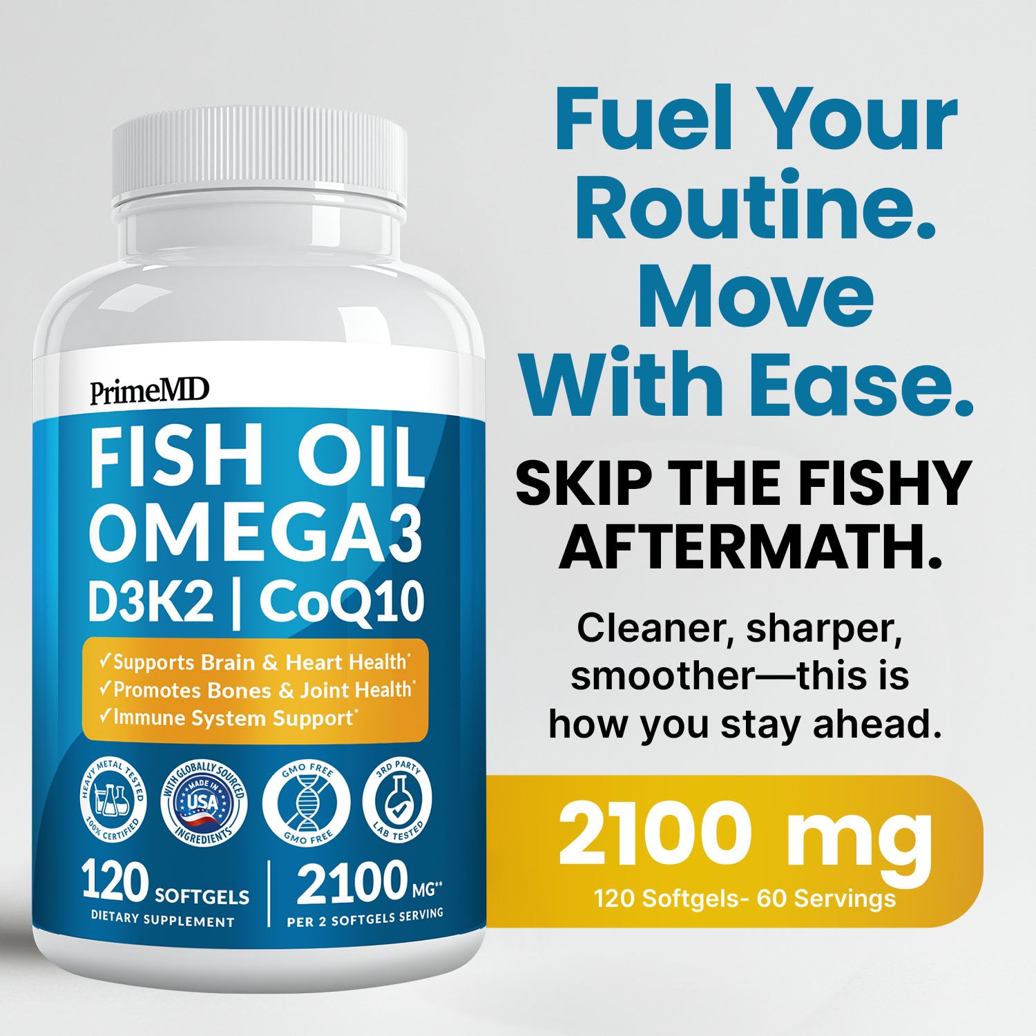 5-in-1 Fish Oil Omega 3 Fatty Supplements (2100mg) - Omega 3 Fish Oil with Vitamins D3 K2 and CoQ10 - PrimeMD