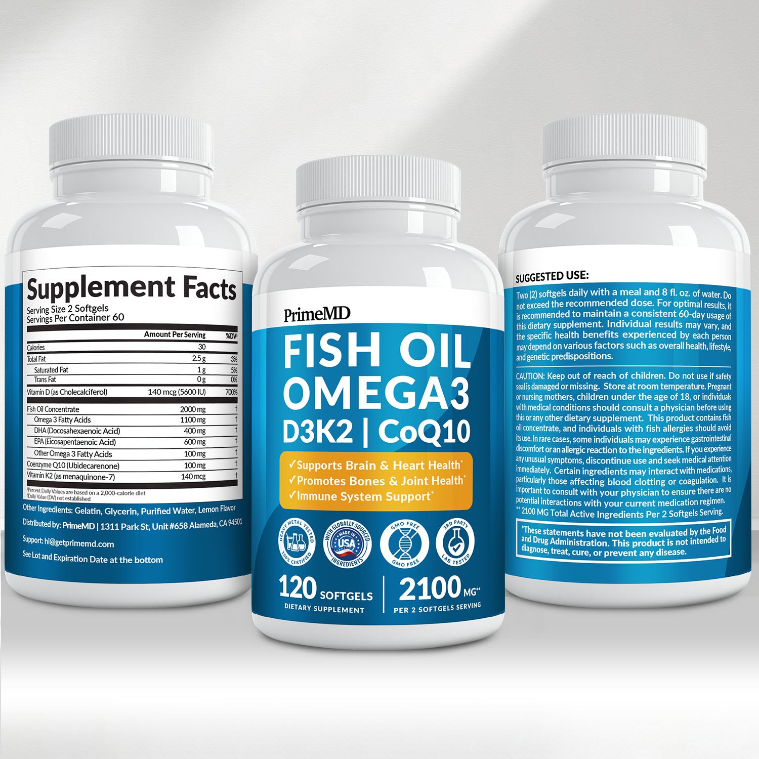 5-in-1 Fish Oil Omega 3 Fatty Supplements (2100mg) - Omega 3 Fish Oil with Vitamins D3 K2 and CoQ10 - PrimeMD