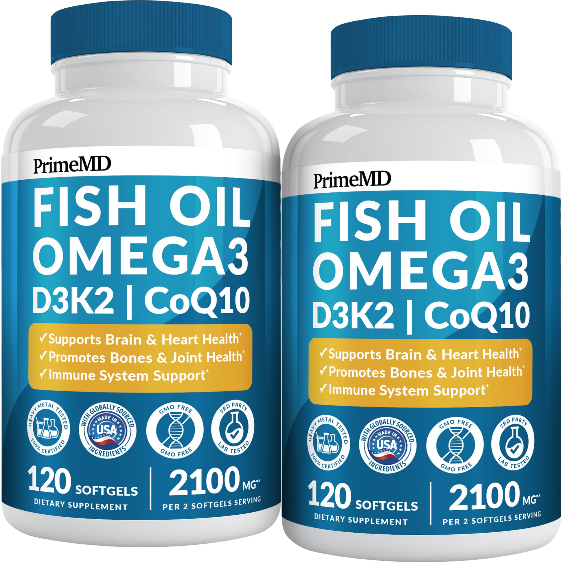 5-in-1 Fish Oil Omega 3 Fatty Supplements (2100mg) - Omega 3 Fish Oil with Vitamins D3 K2 and CoQ10 - PrimeMD