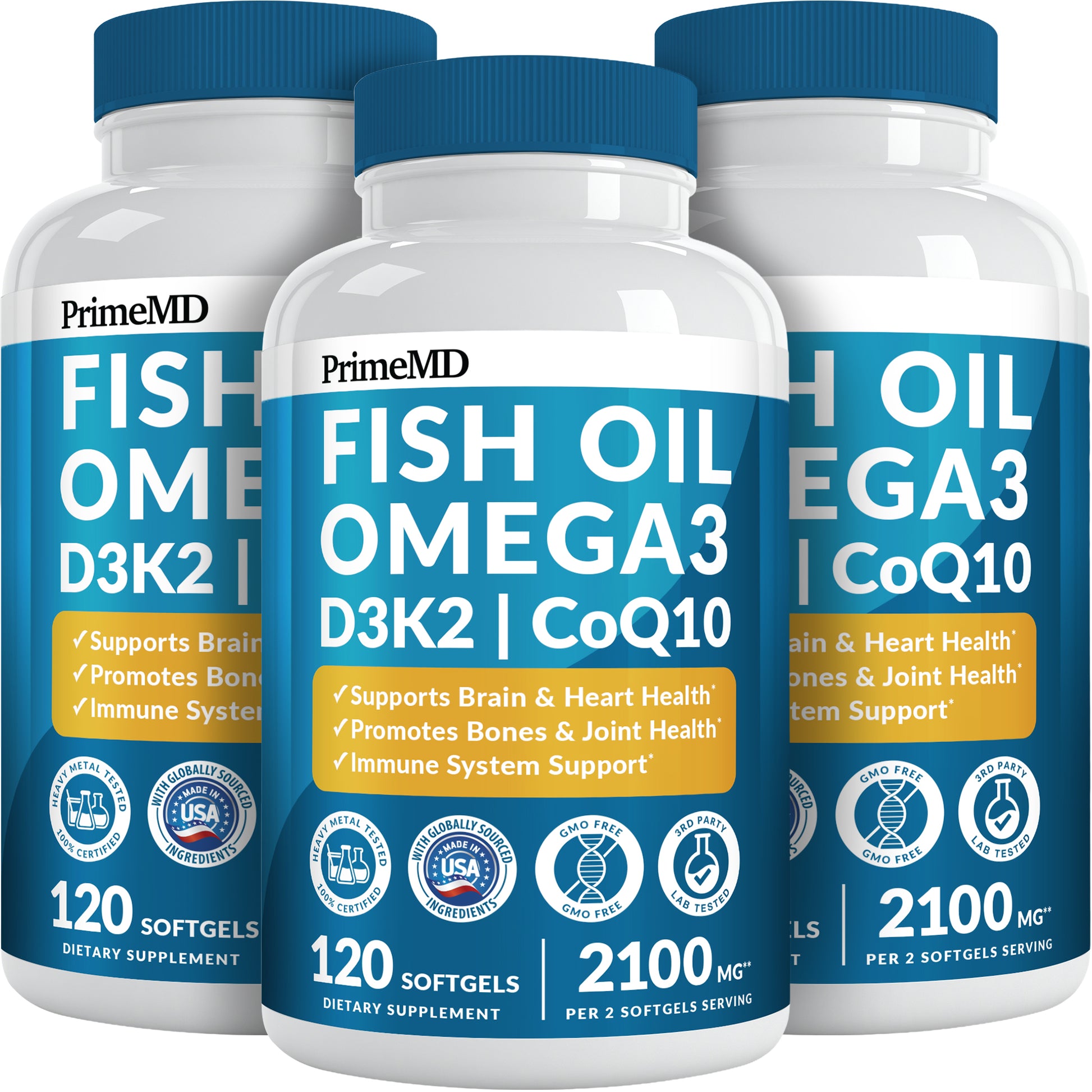 5-in-1 Fish Oil Omega 3 Fatty Supplements (2100mg) - Omega 3 Fish Oil with Vitamins D3 K2 and CoQ10 - PrimeMD