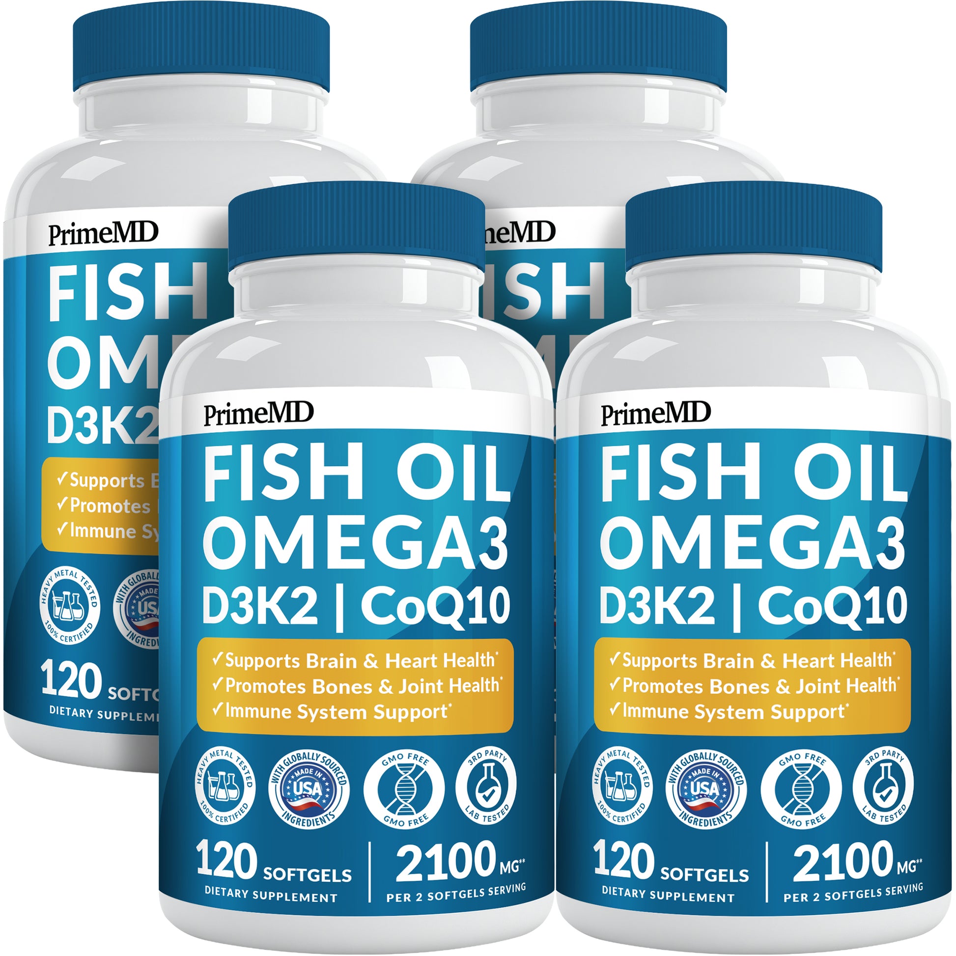 5-in-1 Fish Oil Omega 3 Fatty Supplements (2100mg) - Omega 3 Fish Oil with Vitamins D3 K2 and CoQ10 - PrimeMD