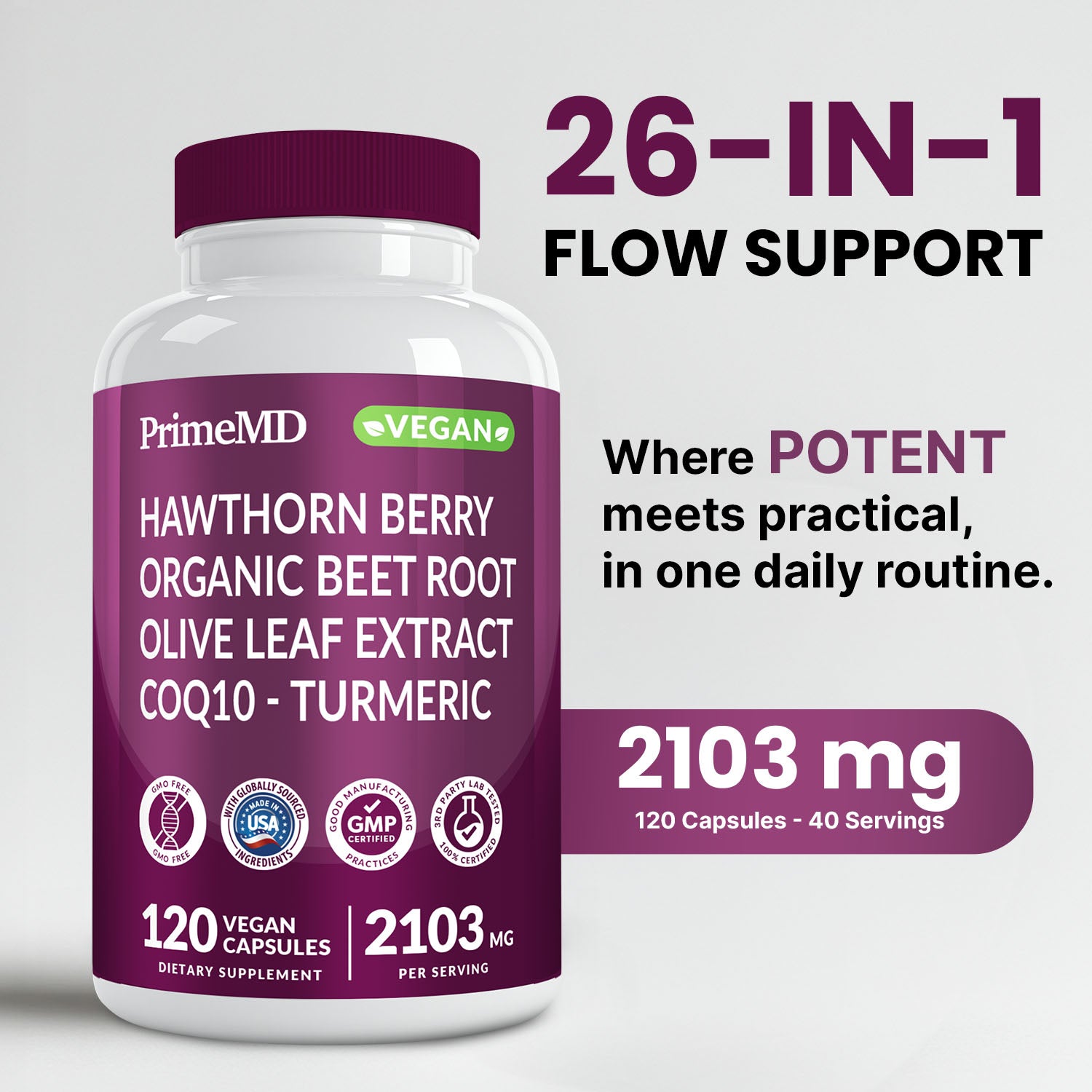 26-in-1 Nitric Oxide Supplement - Heart & Circulation Support with CoQ10, Turmeric, Organic Beet Root, Hawthorn Berry & Garlic - 2103mg per Serving (120ct) - PrimeMD