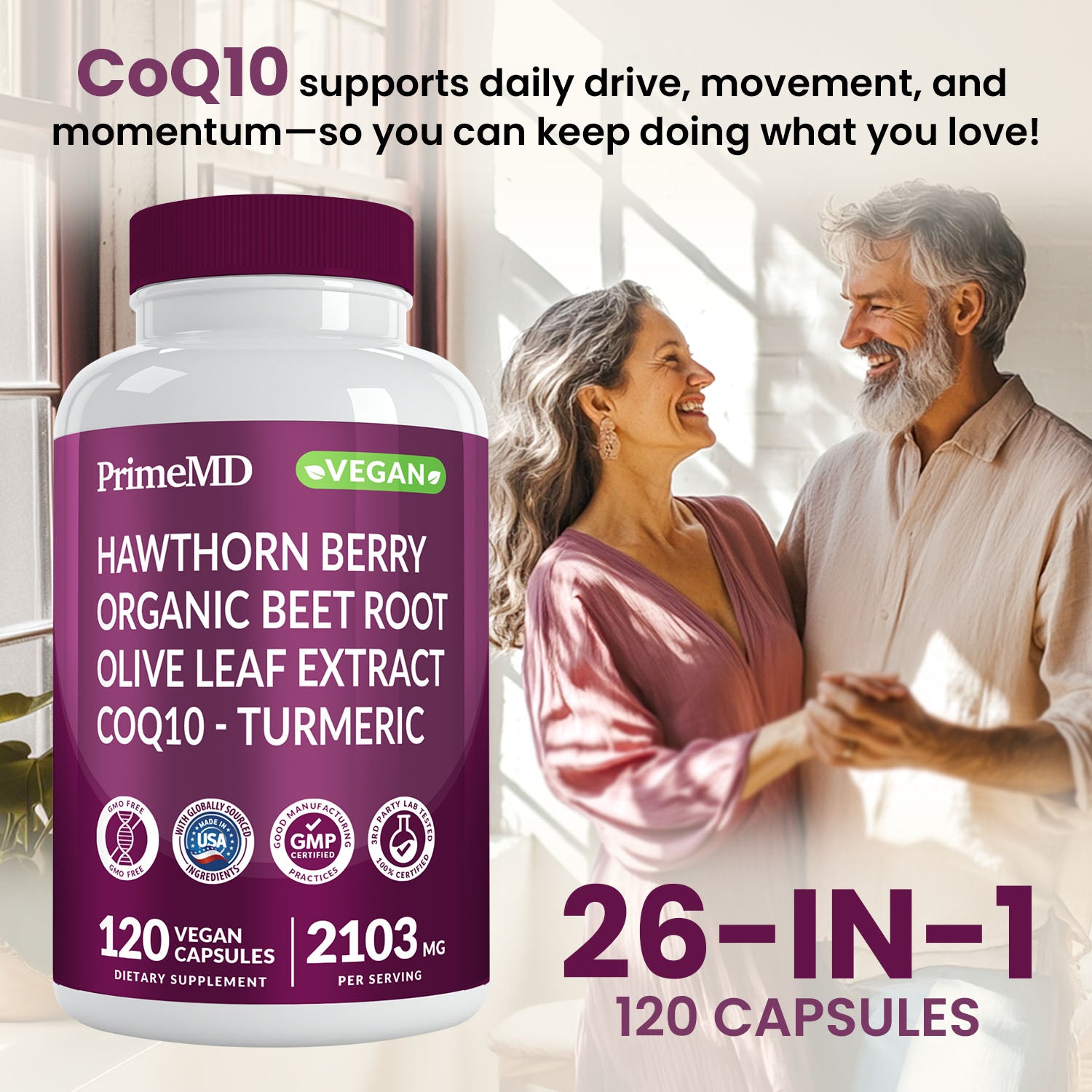 26-in-1 Nitric Oxide Supplement - Heart & Circulation Support with CoQ10, Turmeric, Organic Beet Root, Hawthorn Berry & Garlic - 2103mg per Serving (120ct) - PrimeMD