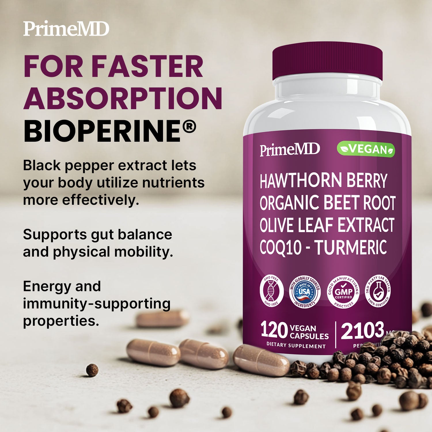 26-in-1 Nitric Oxide Supplement - Heart & Circulation Support with CoQ10, Turmeric, Organic Beet Root, Hawthorn Berry & Garlic - 2103mg per Serving (120ct) - PrimeMD