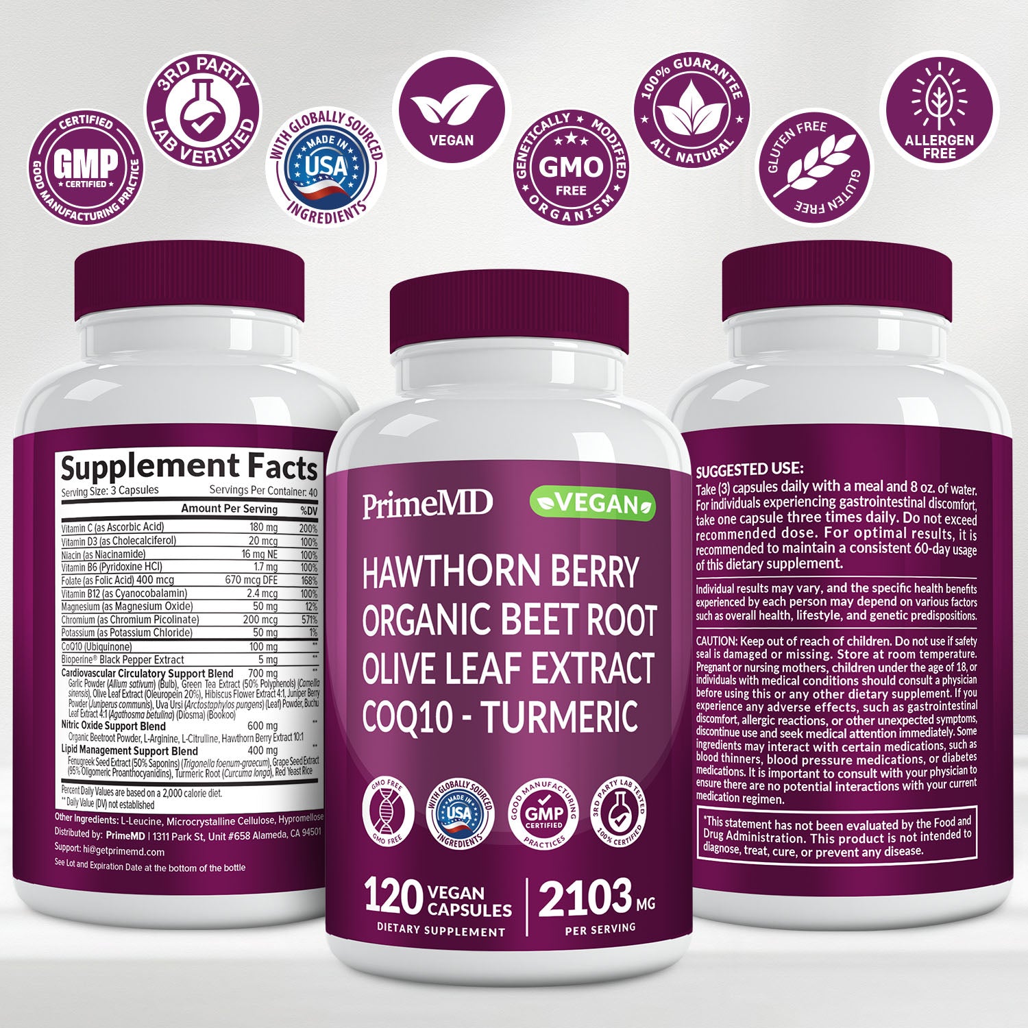 26-in-1 Nitric Oxide Supplement - Heart & Circulation Support with CoQ10, Turmeric, Organic Beet Root, Hawthorn Berry & Garlic - 2103mg per Serving (120ct) - PrimeMD
