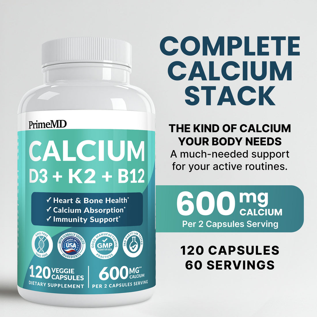 4-in-1 Calcium Supplements for Women and Men - Calcium with Vitamin D3 K2 5000 IU Supplement, 601mg per Serving for Heart, Bones & Body Defenses - Gluten-Free, Vegan-Friendly - PrimeMD
